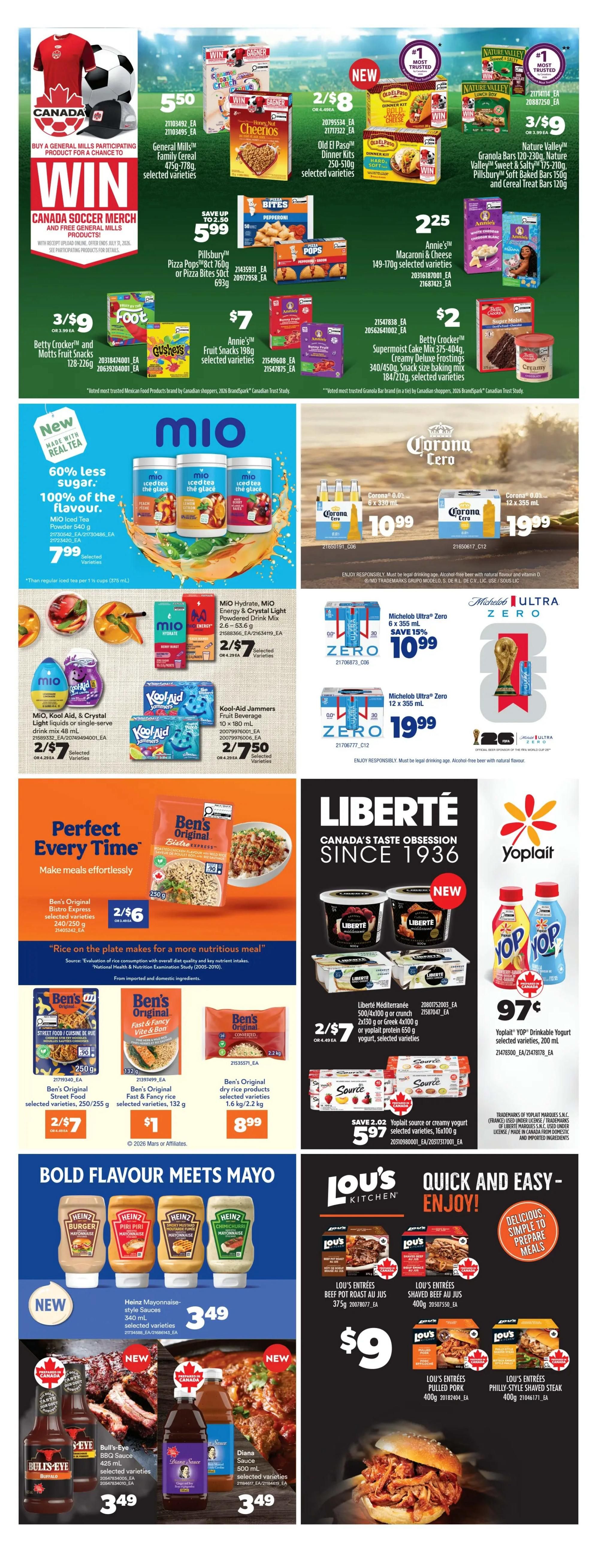 Real Canadian Superstore Ontario flyer page 41 features a variety of food and beverage specials. Promotions include General Mills Family Cereal for $5.50, Pillsbury Pizza Pops or Pizza Bites for 2/$8, and Nature Valley Granola Bars or Soft Baked Bars for 3/$9. Annie's Macaroni & Cheese is $2.25, and Betty Crocker Supermoist Cake Mix is $2. Mio Iced Tea is 60% less sugar and 100% flavour for $7.99. Mio Hydrate, Mio Energy & Crystal Light Powdered Drink Mix is 2/$7. Kool-Aid Jammers Fruit Beverage is 2/$7.50. Corona 0.0% is available in 6x330ml for $10.99 and 12x355ml for $19.99. Michelob Ultra Zero is 6x355ml for $10.99 (save 15%) and 12x355ml for $19.99. Ben's Original Bistro Express is 2/$6, Ben's Original Street Food is 2/$7, Ben's Original Fast & Fancy Rice is $1, and Ben's Original dry rice products are $8.99. Liberté Méditerrannée yogurt is 2/$7. Yoplait Drinkable Yogurt is 97 cents. Heinz Mayonnaise-style Sauces are $3.49. Bull's-Eye BBQ Sauce is $3.49. Diana Sauce is $3.49. Lou's Kitchen Entrees, including Beef Pot Roast, Shaved Beef, Pulled Pork, and Philly-Style Shaved Steak, are $9.