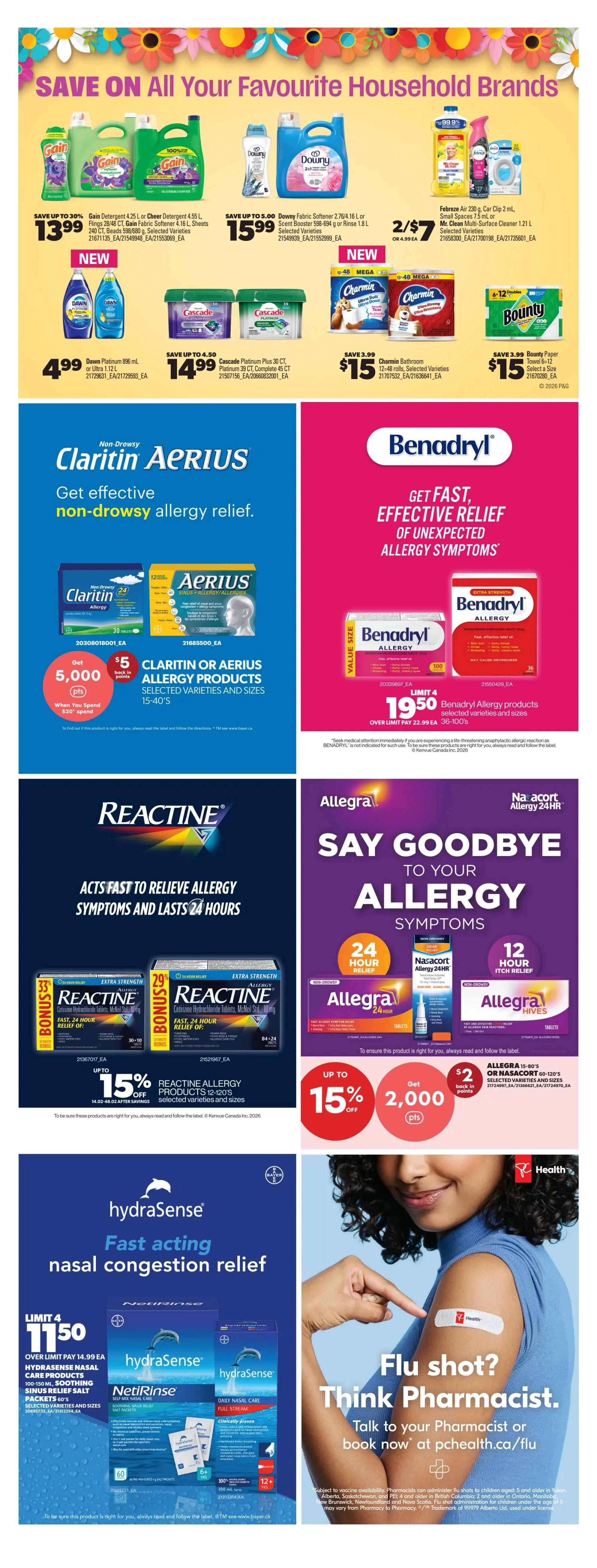 Real Canadian Superstore Ontario weekly flyer specials, page 42. Save on household brands including Gain detergent at $13.99, Downy fabric softener at $15.99, and Febreze Air at 2/$7. Also featured are Dawn Platinum dish soap for $4.99, Cascade Platinum dish detergent for $14.99, and Charmin bathroom tissue for $15. Bounty paper towels are $15. In the allergy relief section, get $5 in points when you spend $20 on Claritin or Aerius allergy products. Benadryl allergy products are $19.50. Reactine products are up to 15% off. Allegra and Nasacort allergy relief products are also featured, with Allegra offering up to 15% off and $2 back in points on select varieties. Hydrasense nasal congestion relief products are $11.50. The page also promotes flu shots, encouraging customers to talk to their pharmacist or book online at pchealth.ca/flu.