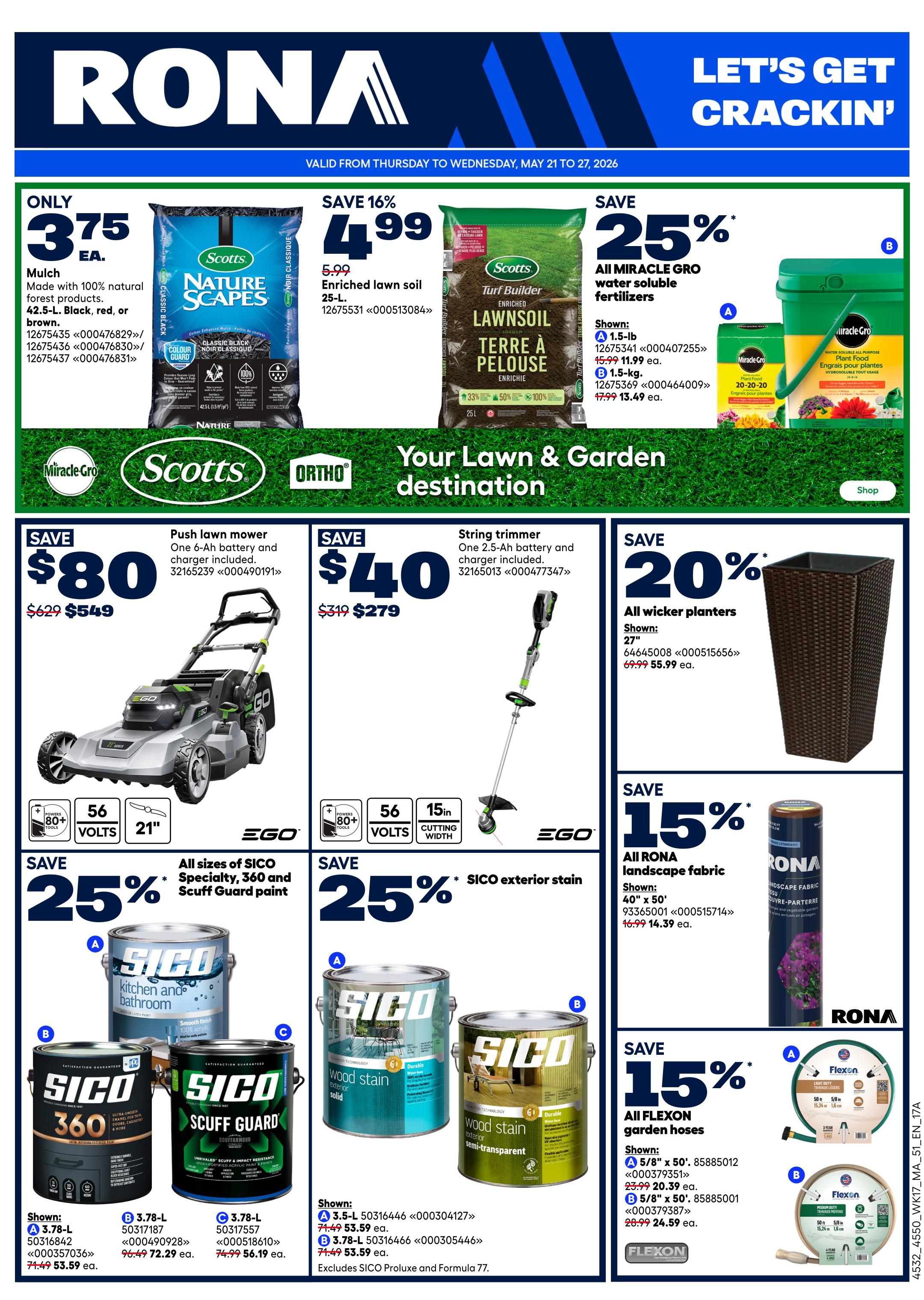 Rona Atlantic Canada flyer page 2 features a 'Let's Get Crackin'' theme for lawn and garden. Deals include Scotts Nature Scapes Mulch for $3.75 EA, 25L Enriched Lawn Soil for $4.99 (save 16%), and All Miracle-Gro water-soluble fertilizers at 25% off. Also featured is a push lawn mower with a 6-Ah battery and charger for $549 (save $80), and a string trimmer with a 2.5-Ah battery and charger for $279 (save $40). Save 20% on all wicker planters, shown in 27' size for $55.99. All sizes of SICO Specialty, 360, and Scuff Guard paint are 25% off. SICO exterior stain is also 25% off, with 3.5-L cans for $53.59 and 7.14-L cans for $53.59. All RONA landscape fabric (40' x 50') is 15% off for $14.39. Finally, all Flexon garden hoses are 15% off, with 5/8' x 50' hoses for $20.39 and 5/8' x 75' hoses for $24.59.