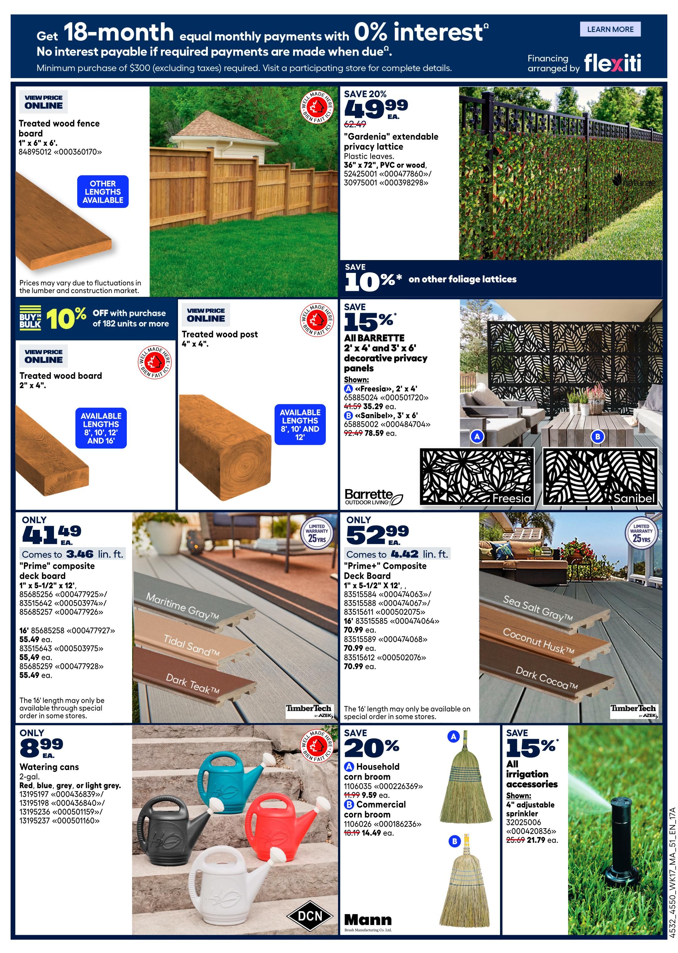 Rona Atlantic Canada Weekly Flyer Specials Page 4 features a selection of home and garden items. Save 20% on 'Gardenia' extendable privacy lattice, now $49.99, originally $62.49. Also, save 10% on other foliage lattices. Treated wood fence boards are available, with a 'Buy in Bulk' offer of 10% off with purchase of 182 units or more. Treated wood posts (4' x 4') are shown. 'Prime' composite deck boards are featured in various lengths and colours like Maritime Gray, Tidal Sand, and Dark Teak, with prices starting at $3.46 per linear foot. 'Prime' composite deck boards in 1' x 5-1/2' x 12' are $55.49 each, and 16' lengths are $70.99 each. TimberTech by Azek offers composite deck boards in Sea Salt Gray and Coconut Husk colours. Save 15% on all Barrette decorative privacy panels, including 'Freesia' (2' x 4') for $35.29 and 'Sanibel' (3' x 6') for $78.59. Watering cans in red, blue, grey, or light grey are available for $8.99 each. Save 20% on household corn brooms for $9.59 and commercial corn brooms for $14.49. Save 15% on all irrigation accessories, including a 4' adjustable sprinkler for $21.79.