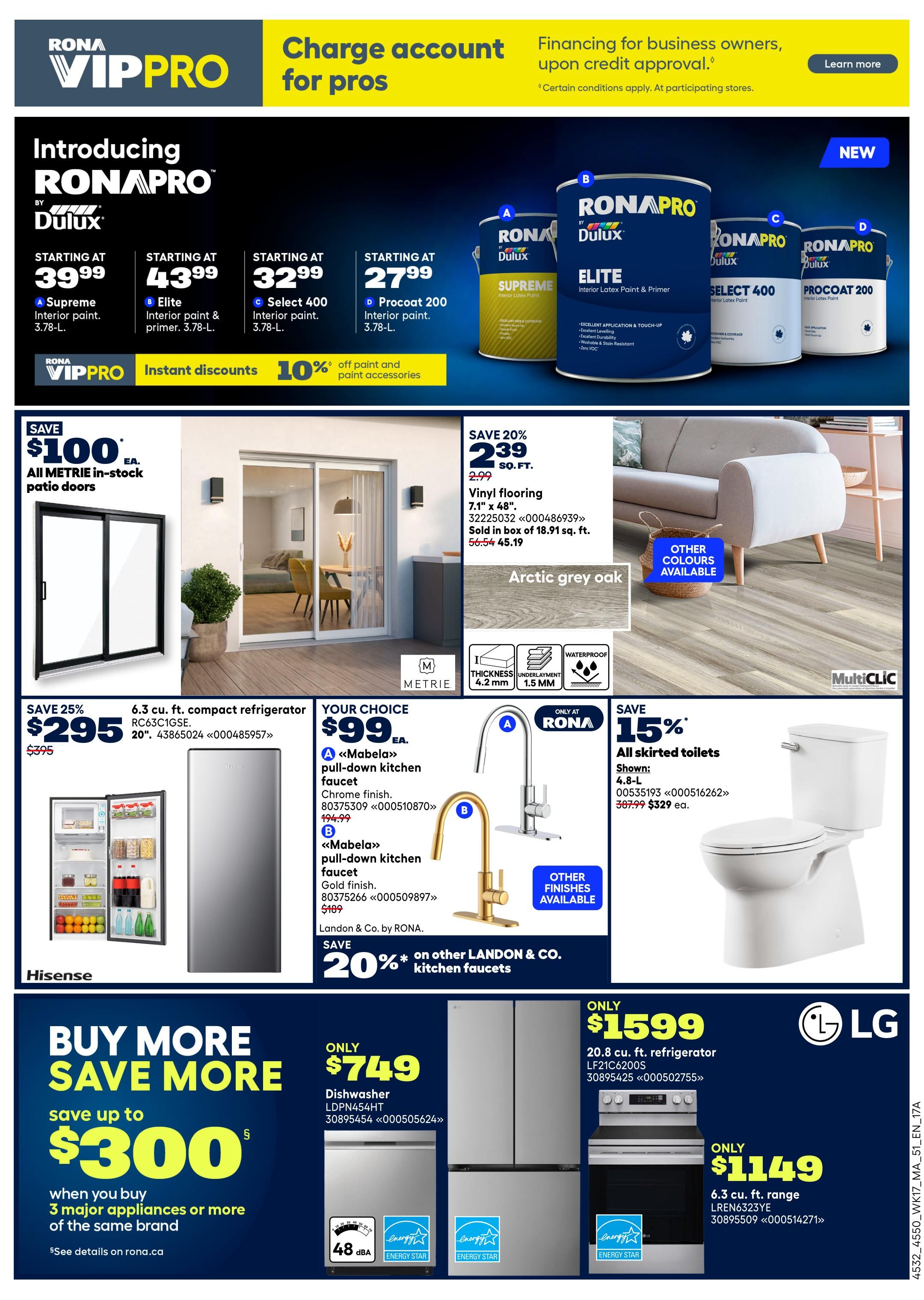 Rona Atlantic Canada flyer page 5 features RONA PRO by Dulux interior paints starting at $39.99 for Supreme, $43.99 for Elite, $32.99 for Select 400, and $27.99 for Procoat 200, with 10% off paint and accessories. Save $100 on all RONA in-stock patio doors. Vinyl flooring in Arctic grey oak is on sale for $2.39 per sq. ft., down from $2.99. A 6.3 cu. ft. Hisense compact refrigerator is 25% off, priced at $295, down from $395. Choose from two Mabele pull-down kitchen faucets for $99 each: one in chrome finish and another in gold finish. Save 20% on other Landon & Co. kitchen faucets. All skirted toilets are 15% off, shown as 4.8-L for $329, down from $387.99. The 'Buy More Save More' event offers up to $300 savings when you buy 3 major appliances or more of the same brand. A dishwasher is only $749. An LG 20.8 cu. ft. refrigerator is $1599. A 6.3 cu. ft. LG range is $1149.
