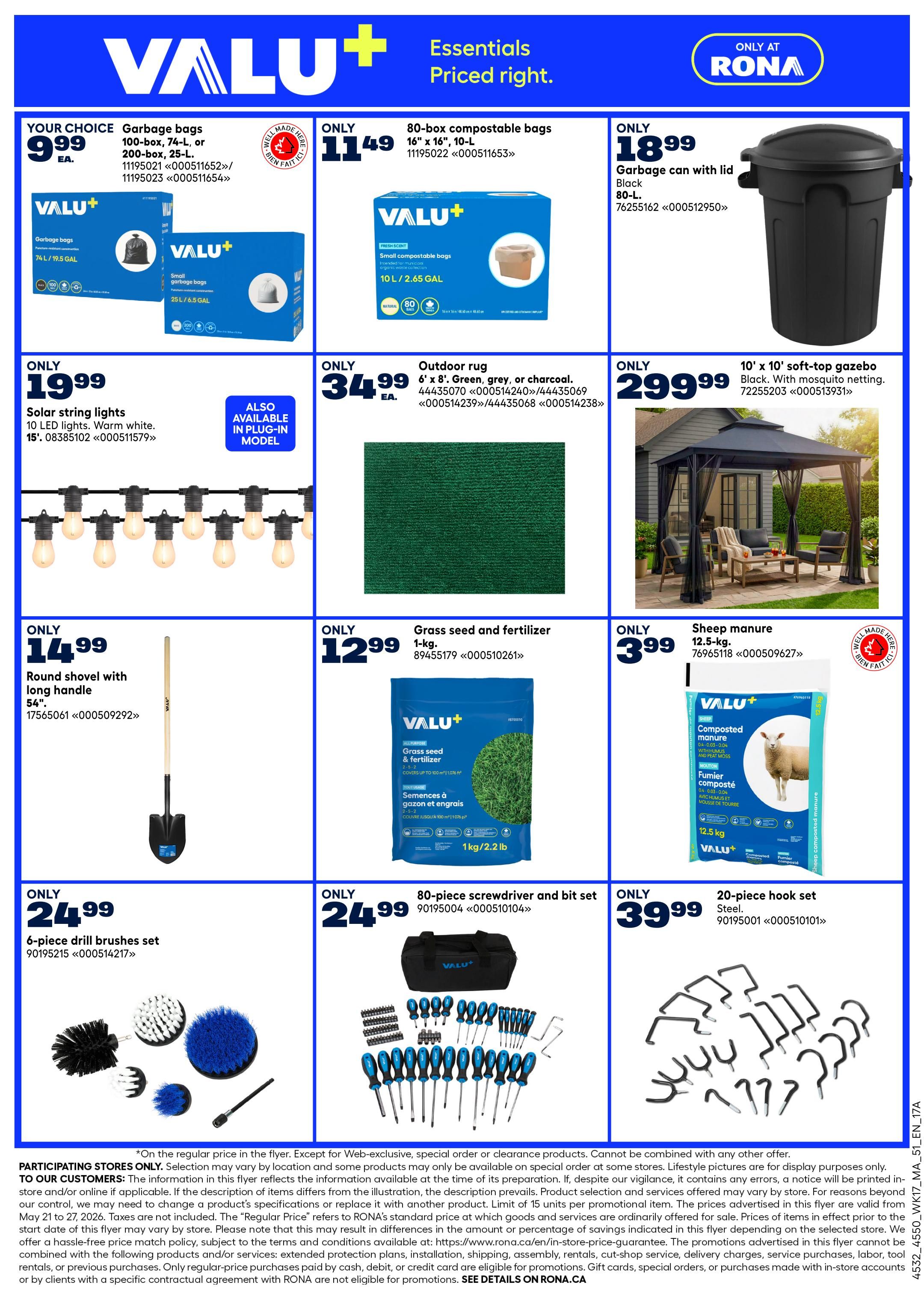 Rona Atlantic Canada flyer page 6 features various home and garden essentials. Get your choice of garbage bags (100-box, 74-L, or 200-box, 25-L) for only $9.99. Compostable bags (80-box, 16' x 16', 10-L) are available for $11.49. A black 80-L garbage can with lid is priced at $18.99. Illuminate your space with 15' solar string lights (10 LED, warm white) for $19.99, also available in a plug-in model. Outdoor rugs (6' x 8') in green, grey, or charcoal are $34.99. A 10' x 10' soft-top gazebo with mosquito netting is $299.99. For your garden, a round shovel with a long handle (54') is $14.99. Grass seed and fertilizer (1 kg) is $12.99. Sheep manure (12.5 kg) is on sale for $3.99. Also find a 6-piece drill brushes set for $24.99 and an 80-piece screwdriver and bit set for $24.99. Finally, a 20-piece hook set made of steel is available for $39.99.