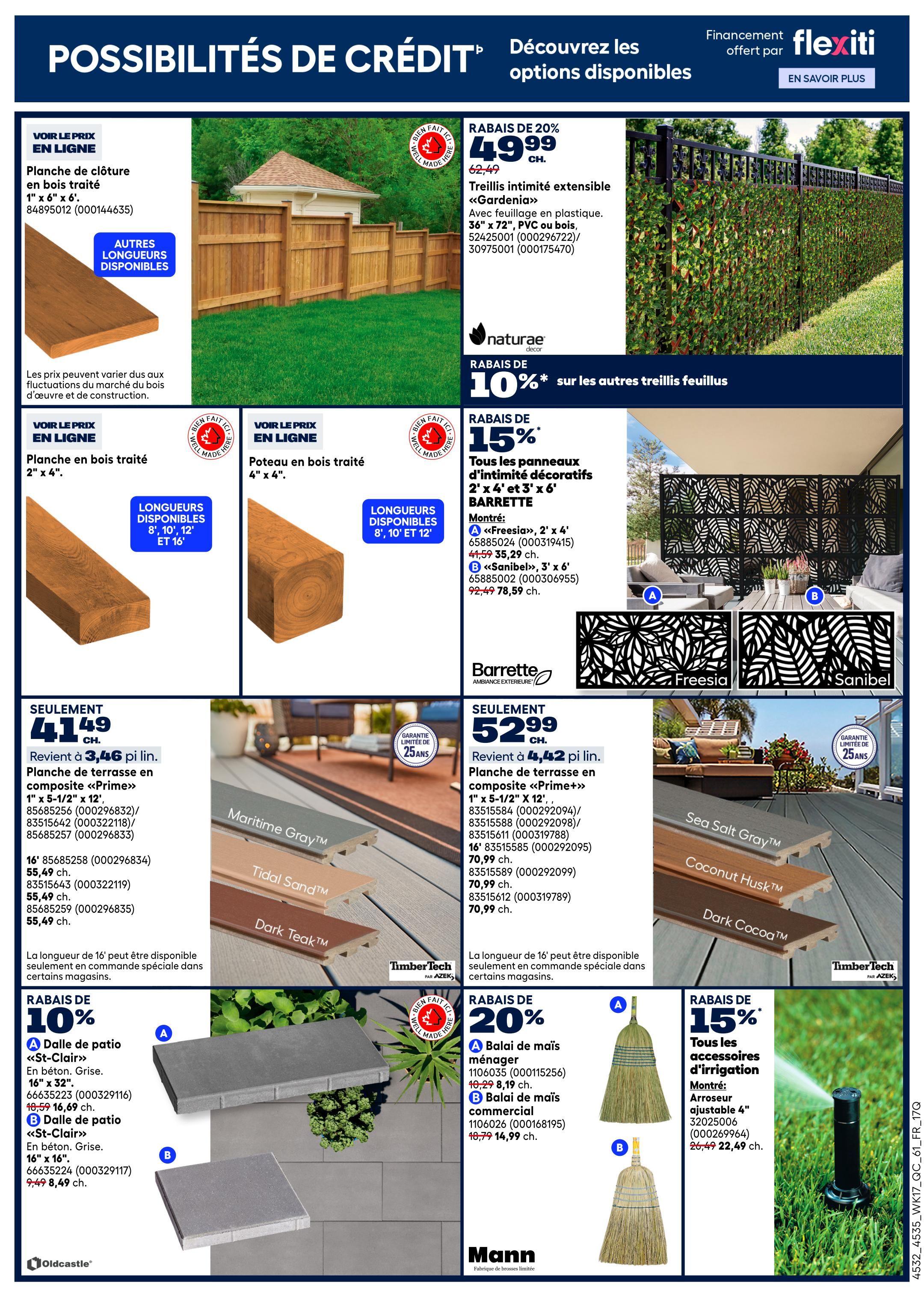 Rona Weekly Flyer Specials Page 4 features a variety of home and garden improvement products. Top section showcases fencing and privacy screens: a 1' x 6' x 6' cedar fence board is available, with other lengths offered. A 36' x 72' extendable privacy screen with plastic foliage, Gardenia model, is on sale for $49.99 (20% off, originally $62.49). Other leaf-pattern privacy screens in 2' x 4' and 3' x 6' sizes are 15% off, including the Freesia and Sanibel models. Below, composite deck boards are featured: Prime+ 1' x 5-1/2' x 12' boards are $41.49, coming to $3.46 per linear foot, with 16' lengths available for $55.49. TimberTech deck boards in Maritime Gray, Tidal Sand, and Dark Teak finishes are also shown, with 12' lengths at $52.99 ($4.42 per linear foot) and 16' lengths at $70.99. Further down, Oldcastle patio slabs are on sale: 16' x 32' St-Clair patio slabs are 10% off at $10.29 (originally $11.59), and 16' x 16' St-Clair patio slabs are 10% off at $8.49 (originally $9.49). Mann brooms are also featured with a 20% discount: A corn broom for tidying is $8.19 (originally $10.29), and a commercial corn broom is $14.99 (originally $18.79). Finally, irrigation accessories are 15% off, including an adjustable 4' sprinkler for $22.49 (originally $26.49).