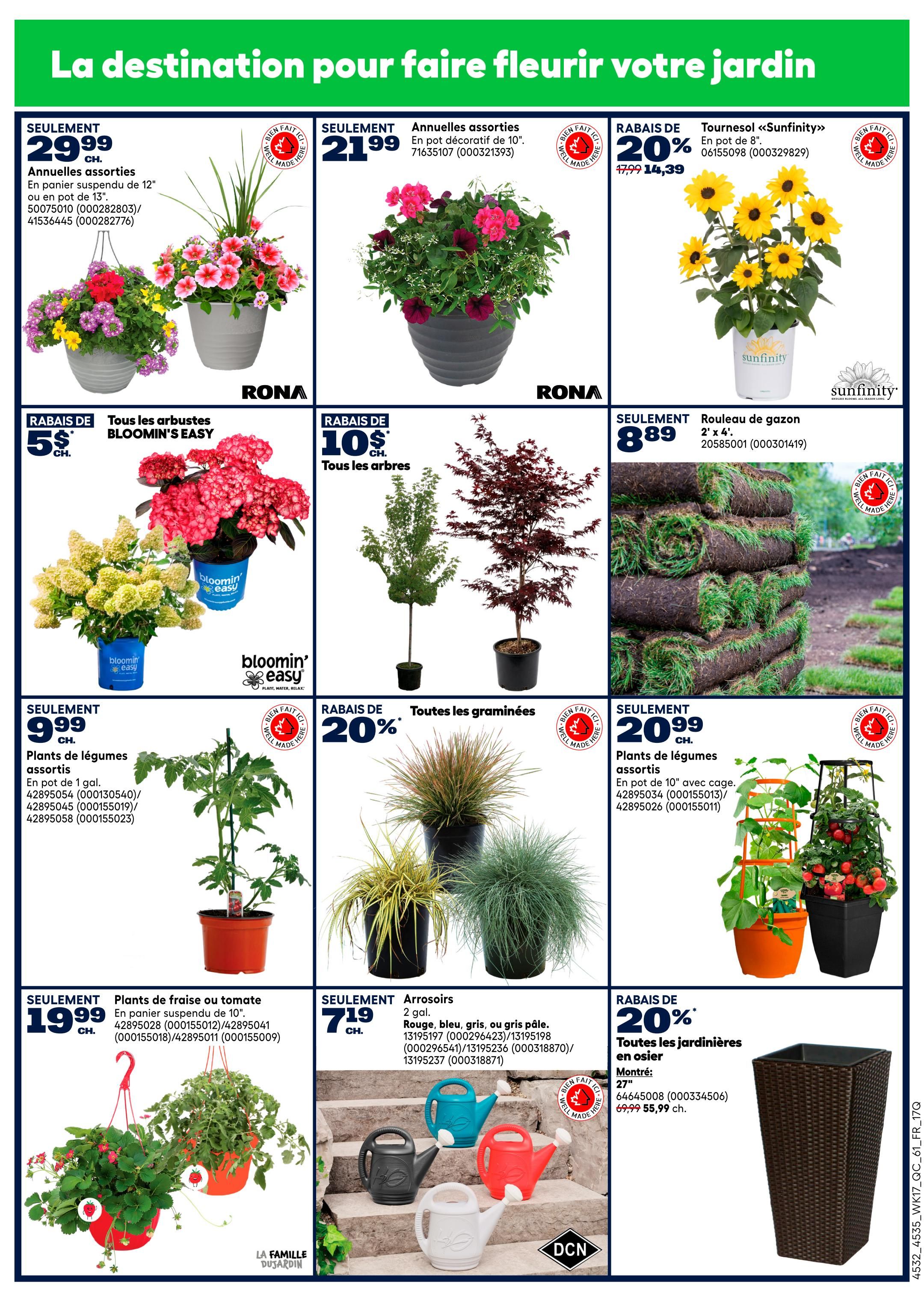 Rona weekly flyer specials page 7 features a variety of garden plants and accessories. Top row includes assorted annuals in hanging baskets or pots for $29.99 each, assorted annuals in 10' decorative pots for $21.99 each, and Sunfinity 'Tournesol' sunflowers in 8' pots for $14.39 (originally $17.99, 20% off). Below are 'Bloomin' Easy' shrubs for $5 each, assorted trees for $10 each, and 2'x4' sod rolls for $8.89. The second row features assorted vegetable plants in 1-gallon pots for $9.99 each, assorted grasses for 20% off, and assorted vegetable plants in 10' pots for $20.99 each. The bottom row showcases strawberry or tomato plants in 10' hanging baskets for $19.99, assorted watering cans in red, grey, and blue for $7.19 each, and 27' wicker planters for $55.99 (originally $69.99).