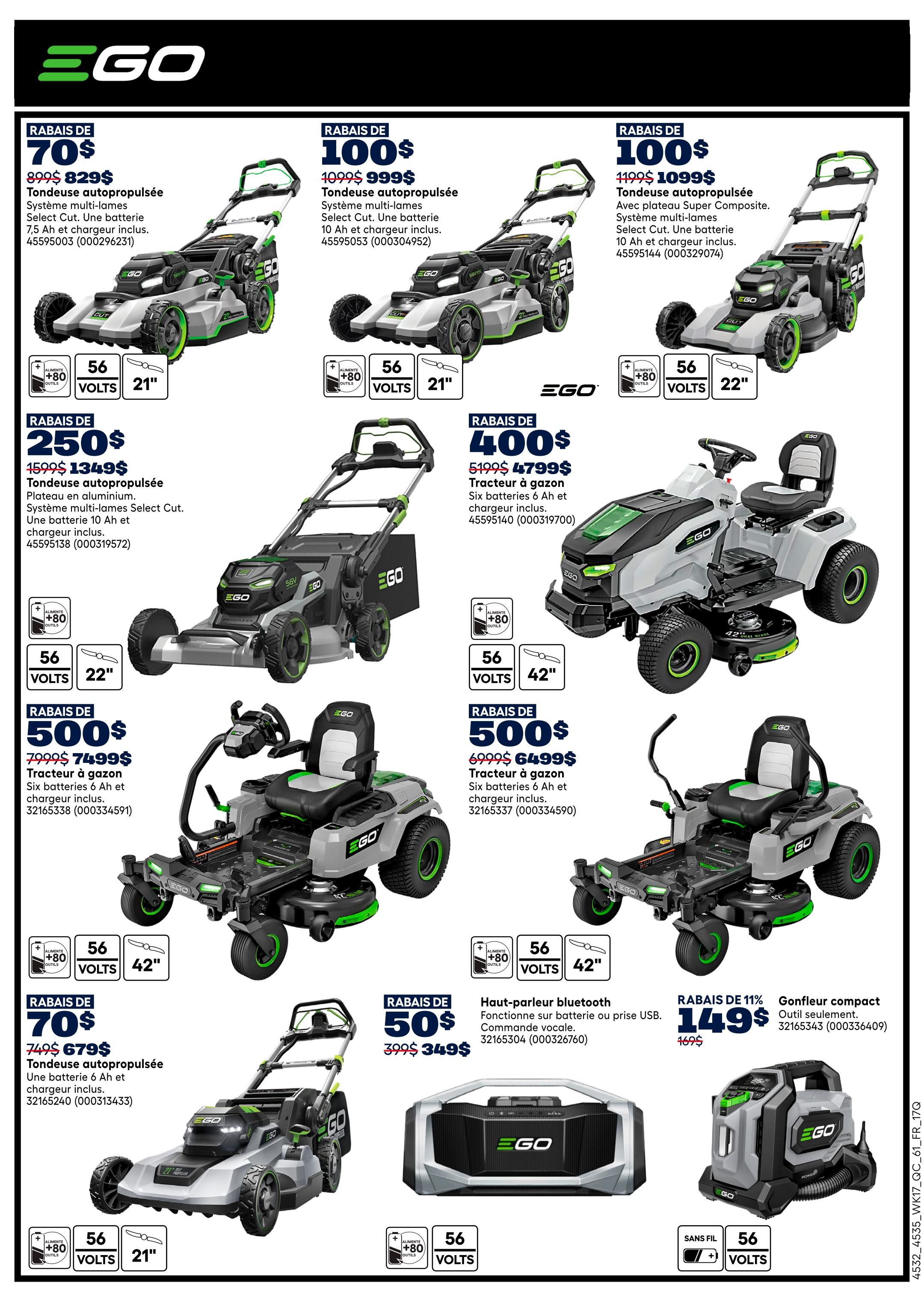 Rona weekly flyer specials page 12 features EGO brand outdoor power equipment. Deals include a 21-inch self-propelled mower with a 7.5 Ah battery and charger for $829 (save $70), a 21-inch self-propelled mower with a Super Composite deck, 10 Ah battery, and charger for $1099 (save $100), and a 22-inch self-propelled mower with a 56-volt system for $999 (save $100). Also available are a 42-inch zero-turn riding mower with six 6 Ah batteries and charger for $4799 (save $400), a 42-inch zero-turn riding mower with six 6 Ah batteries and charger for $6499 (save $500), and a 21-inch self-propelled mower with a 6 Ah battery and charger for $679 (save $70). Additionally, a compact blower is on sale for $149 (save 11%), and a Bluetooth speaker with battery or USB power and voice control is priced at $349 (save $50).