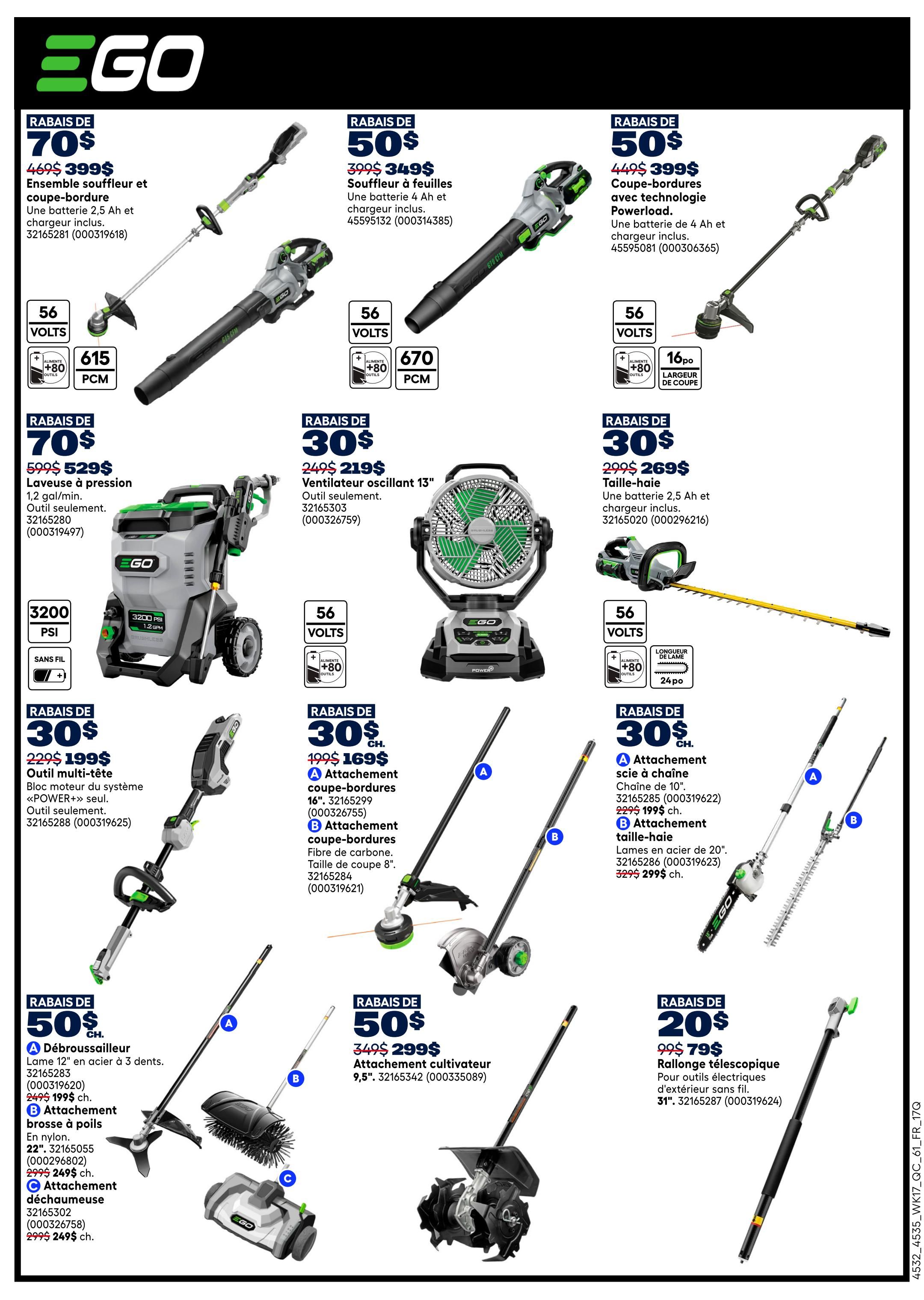 EGO flyer page 13 featuring various power tools with discounts. Top row includes a 56-volt trimmer and edger combo on sale for $399 (save $70), a 56-volt leaf blower for $349 (save $50), and a 56-volt string trimmer with Powerload technology for $399 (save $50). Middle row showcases a 3200 PSI pressure washer for $529 (save $70), a 13-inch oscillating fan for $219 (save $30), and a 24-inch hedge trimmer for $269 (save $30). Bottom row features a multi-head system with POWER+ motor for $199 (save $30), a 12-inch steel chainsaw attachment for $199 (save $30), a 20-inch hedge trimmer attachment for $299 (save $30), a 3-tine brush cutter attachment for $199 (save $50), a 22-inch sweeper attachment for $249 (save $50), a dethatcher attachment for $249 (save $50), a 9.5-inch cultivator attachment for $299 (save $50), and a 31-inch telescopic pole for $79 (save $20).