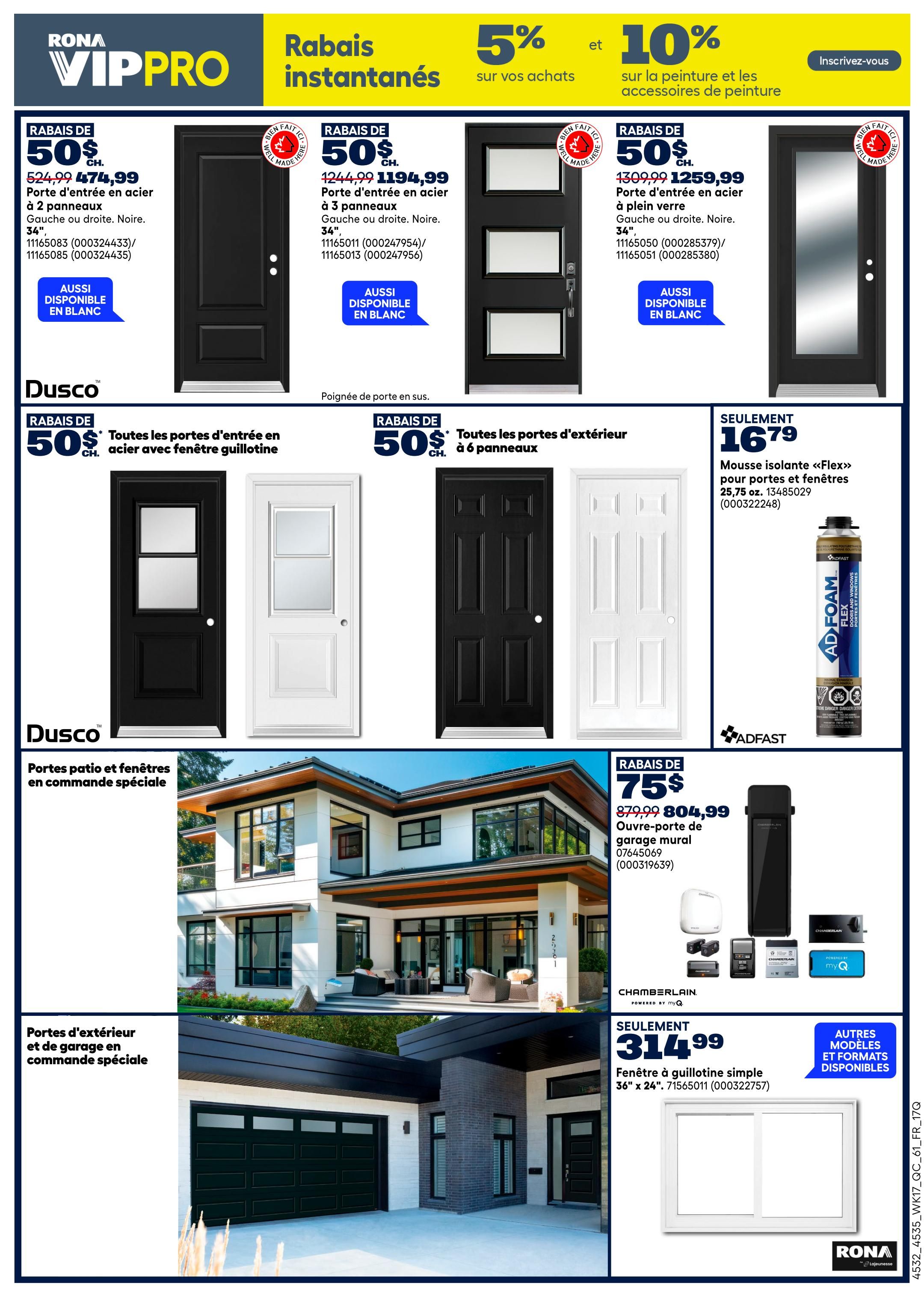 Rona VIPPRO flyer page 16 featuring instant rebates. Offers include $50 off steel entry doors with 2 panels for $474.99, 3 panels for $1194.99, and glass-in steel entry doors for $1259.99. All are 34' and available in black or white. Also featured are Dusco exterior doors with guillotine windows for $50 off, and 6-panel exterior doors for $50 off. Adfast 'Flex' insulating foam for doors and windows is $16.79 for 25.75 oz. Chamberlain garage door openers are on sale for $314.99. Special order exterior doors and garage doors are also displayed. A 36' x 24' sliding window is available for $314.99.