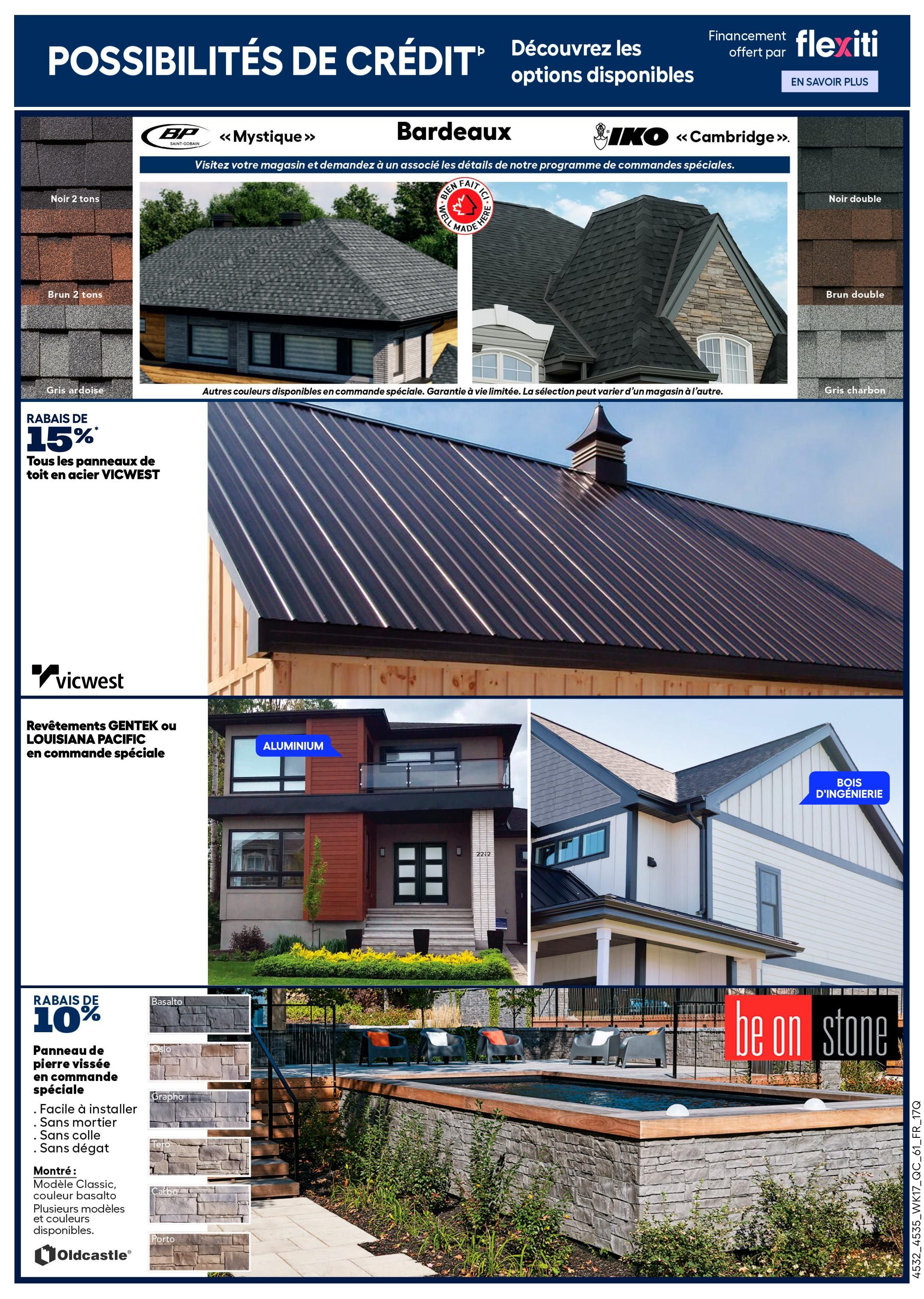 Rona flyer page featuring financing options and building materials. The top section highlights 'Possibilités de Crédit' (Credit Possibilities) with financing offered by Flexiti. It showcases BP 'Mystique' and IKO 'Cambridge' shingles in various colours like Noir 2 tons, Brun 2 tons, Gris ardoise, Noir double, Brun double, and Gris charbon. A 15% discount is offered on all VICWEST steel roofing panels. The page also features GENTEK or LOUISIANA PACIFIC sidings in special order. The bottom section promotes 'be on stone' interlocking stone panels with a 10% discount for special orders. These panels are easy to install, mortar-free, glue-free, and damage-free. Available models and colours include Classic, Basalto, Oslo, Grapho, Tero, Calbo, and Porto. The Oldcastle brand is featured for the stone panels.