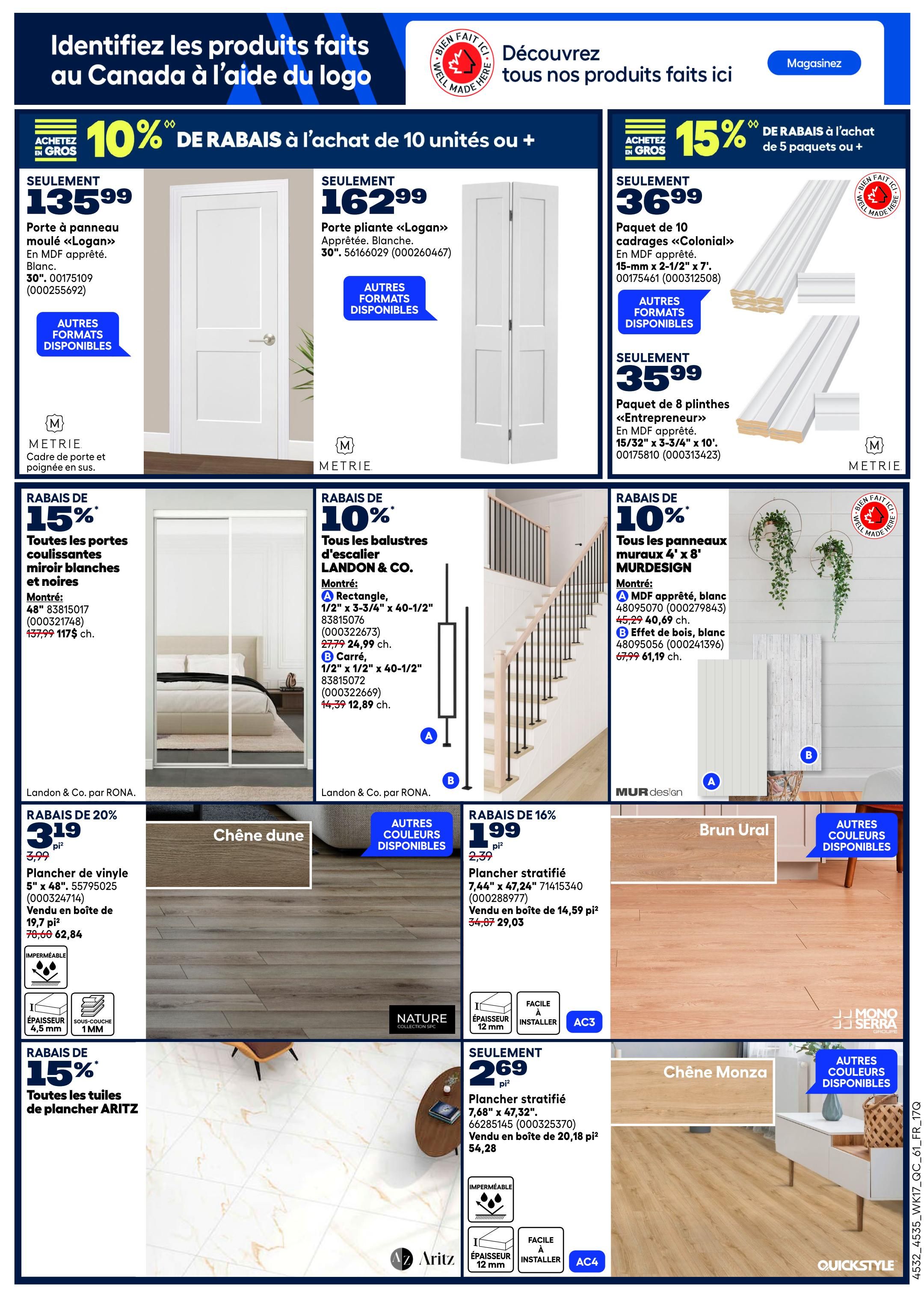 Rona flyer page 19 features a selection of home improvement products. Top section highlights 'Well Made Here' Canadian-made products. Offers include 10% off bulk purchases of 10+ units and 15% off bulk purchases of 5+ units. Featured items include a 'Logan' moulded panel door for $135.99, a 'Logan' folding door for $162.99, a 10-pack of 'Colonial' MDF trim for $36.99, and an 8-pack of 'Entrepreneur' MDF baseboards for $35.99. Mid-section showcases 15% off sliding mirrored closet doors (48' x 83') in white and black, priced at $117.00 (originally $137.99). Also featured are 10% off 'Landon & Co.' stair balusters, with rectangular and curved options available. Additionally, there's 10% off 'MURDESIGN' 4' x 8' wall panels, including MDF panels for $40.69 (originally $45.29) and wood effect panels for $61.19 (originally $67.99). Bottom section displays various flooring options: 20% off 'Chêne dune' vinyl plank flooring (5' x 48') for $62.84 (originally $78.60), 16% off 'Brun Ural' laminate flooring (7.44' x 47.24') for $29.03 (originally $34.87), and 15% off 'ARITZ' tiles. Also available is 'Chêne Monza' laminate flooring for $54.28.
