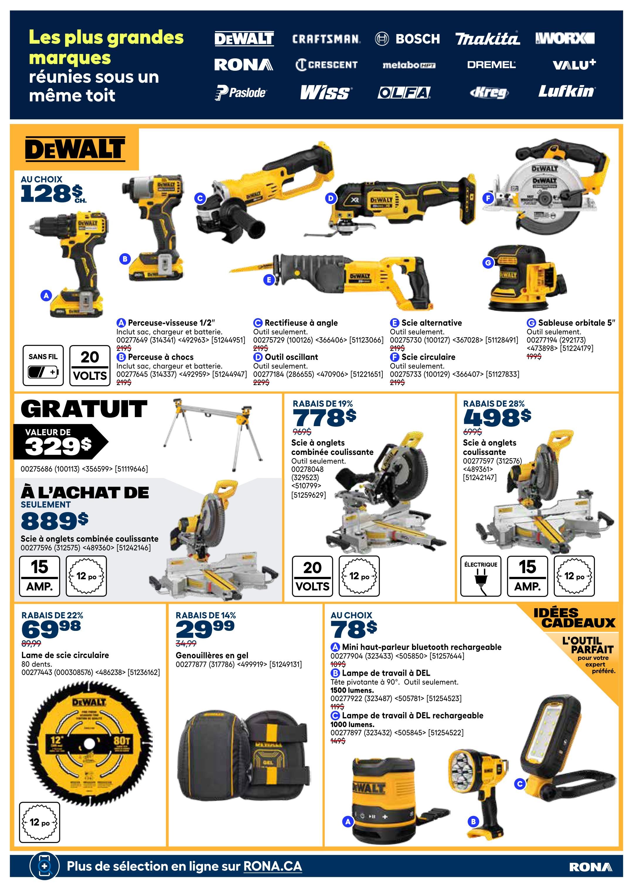 Page 24 of the Rona flyer features a wide selection of DeWalt tools. Featured items include a 1/2' drill/driver and impact driver, both available for $128 each. Other DeWalt tools include an angle grinder, oscillating tool, reciprocating saw, and a 5' orbital sander. A DeWalt sliding compound miter saw is available for $889, with a free value of $329. Also on sale is a 10' circular saw blade for $69.98 (originally $89.99) and gel knee pads for $29.99 (originally $34.99). The flyer also highlights a Bluetooth speaker for $78, a DeWalt work light for $11.95, and a rechargeable DeWalt work light for $14.95. Several items are marked with discounts such as 19% off a compound miter saw priced at $778 and 28% off a sliding compound miter saw for $498.