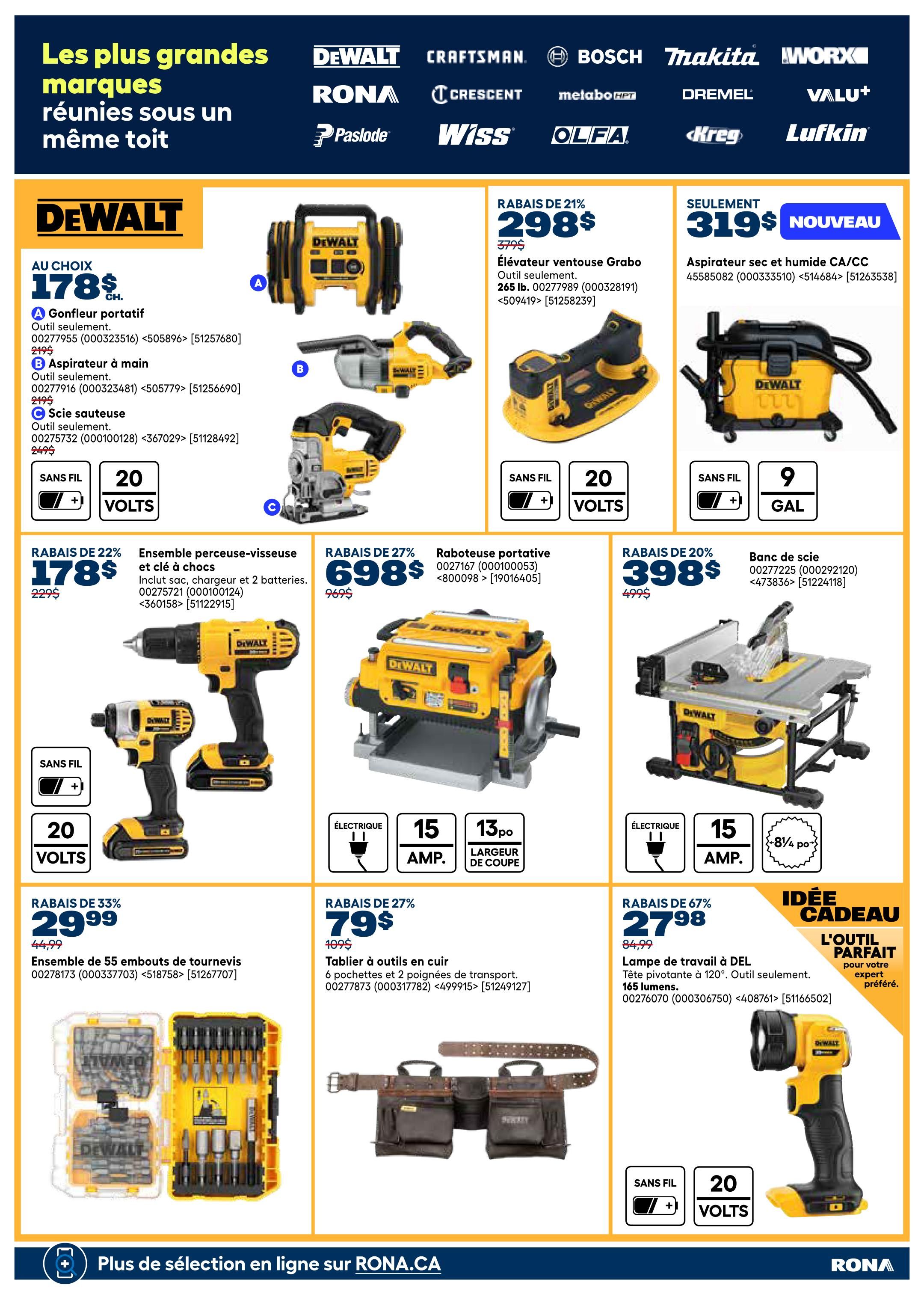 Rona weekly flyer specials page 25 featuring DeWalt tools. Deals include a choice of DeWalt cordless tools for $178, including a blower, vacuum, or jigsaw. Also available is a 20V cordless drill and impact driver combo kit for $178 (22% off). Other featured DeWalt items are a Grabo lifter for $298 (21% off), a wet/dry vacuum for $319, a portable planer for $698 (27% off), a table saw for $398 (20% off), a 55-piece screwdriver bit set for $29.99 (33% off), a leather tool apron for $79 (27% off), and a 20V cordless work light for $27.98 (67% off). The page also highlights major brands like Craftsman, Bosch, Makita, Worx, Paslode, Wiss, Crescent, OLFA, Kreg, Dremel, melabo hpt, and Lufkin. More selection is available online at RONA.CA.