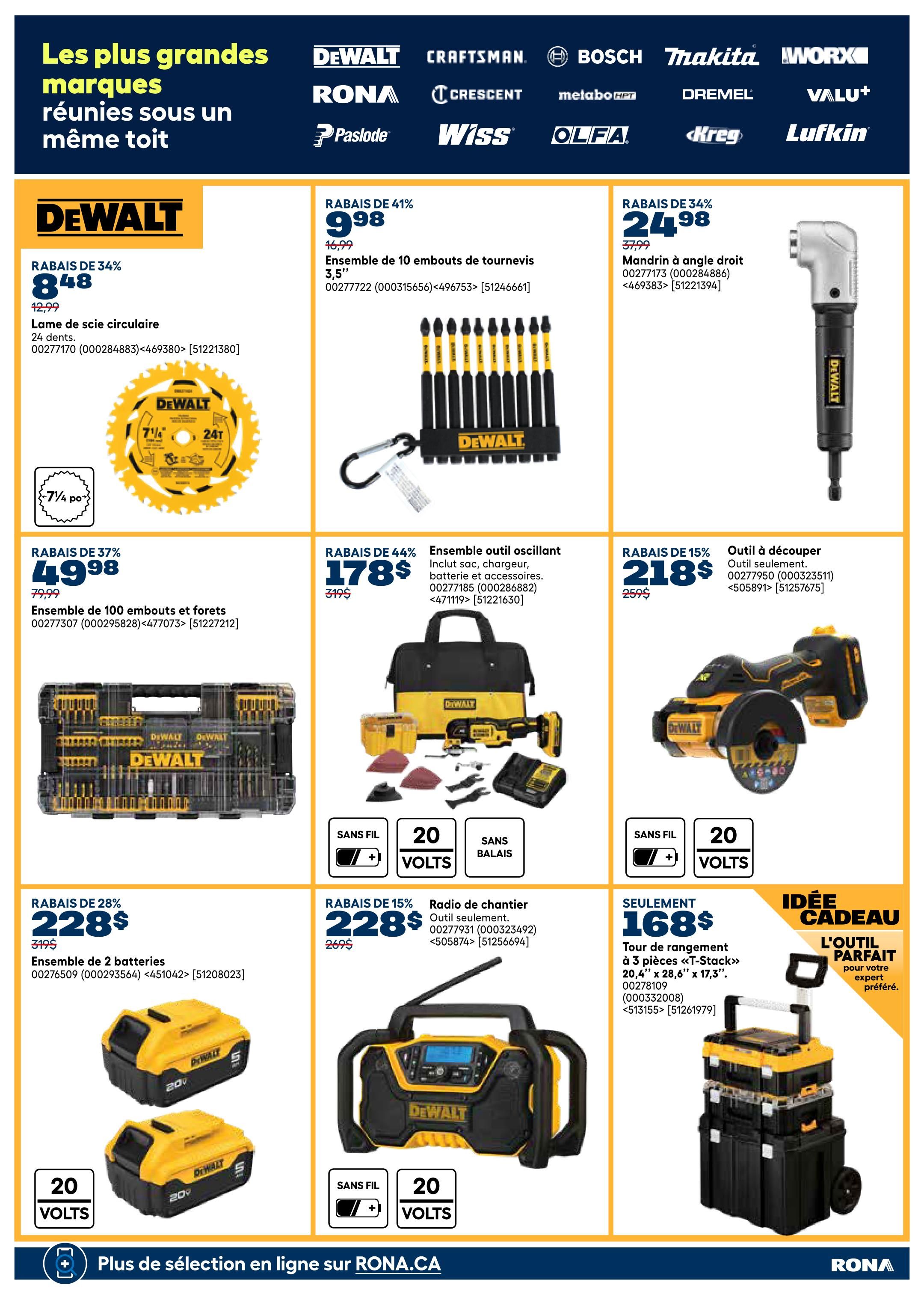 Rona Weekly Flyer Specials Page 26 features a wide selection of DeWalt tools and accessories. Highlighted deals include a 7 1/4 inch circular saw blade with 24 teeth for $8.48 (34% off), a 10-piece screwdriver bit set for $9.98 (41% off), and an angle drill for $24.98 (34% off). Also available are a 100-piece drill and driver bit set for $49.98 (37% off), an oscillating tool kit with accessories for $178 (44% off), and a cut-off tool for $218 (15% off). Deals on power tool accessories include a 2-battery combo pack for $228 (28% off), a jobsite radio for $228 (15% off), and a 3-piece T-Stack rolling tool storage system for $168. All featured DeWalt cordless tools are 20-volt.