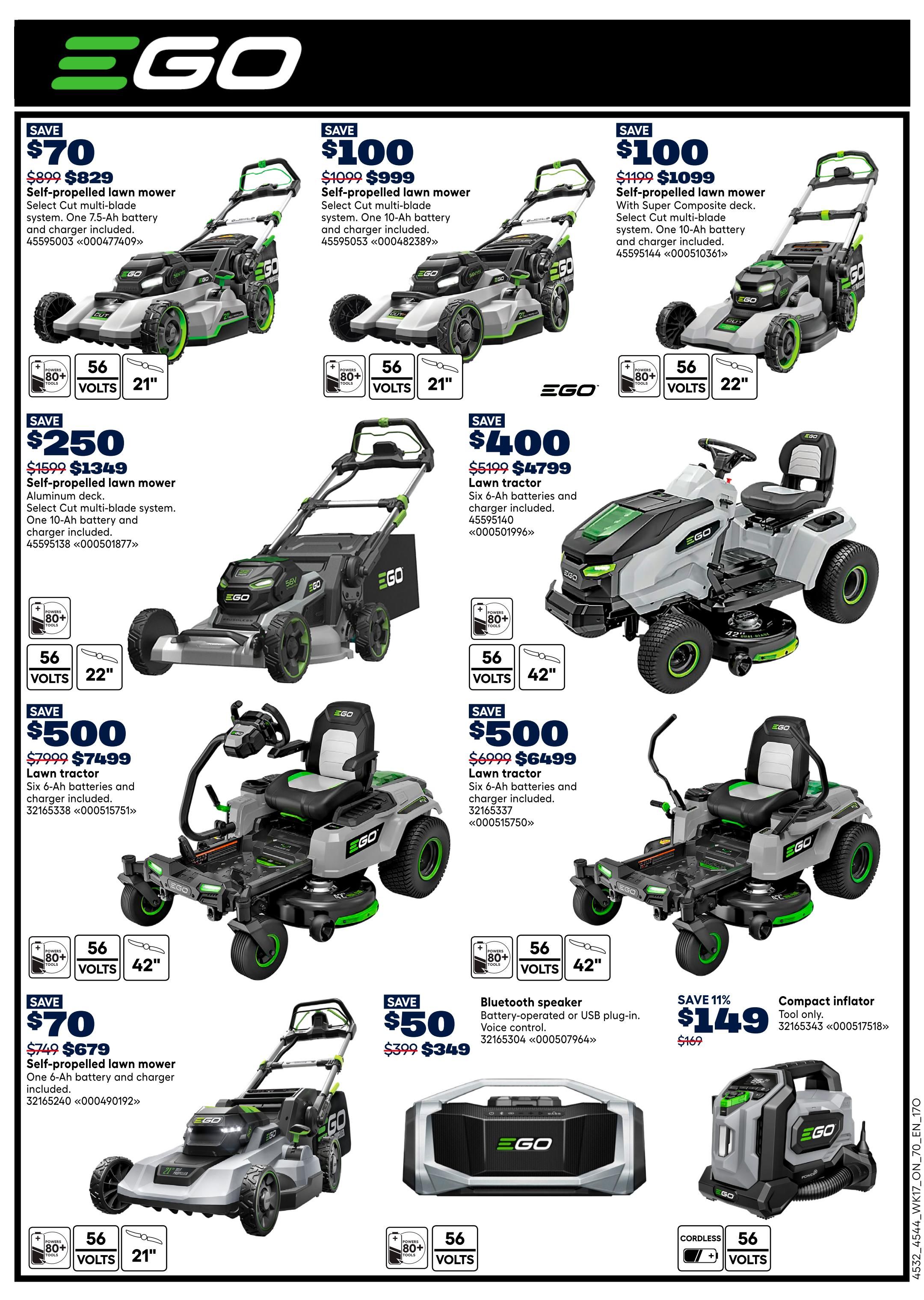 Rona flyer page 12 featuring EGO power equipment. Top row includes three self-propelled lawn mowers: one for $759 (save $70), one for $999 (save $100) with a 10Ah battery and charger, and another for $1099 (save $100) with a 10Ah battery and charger. Middle row showcases a self-propelled lawn mower for $1349 (save $250) with an aluminum deck and a 10Ah battery and charger, and a lawn tractor for $4799 (save $400) with six 6-Ah batteries and charger included. Bottom row features a lawn tractor for $6499 (save $500) with six 6-Ah batteries and charger included, a self-propelled lawn mower for $679 (save $70) with one 6-Ah battery and charger, a Bluetooth speaker for $349 (save $50), and a compact inflator for $149 (save 11%).