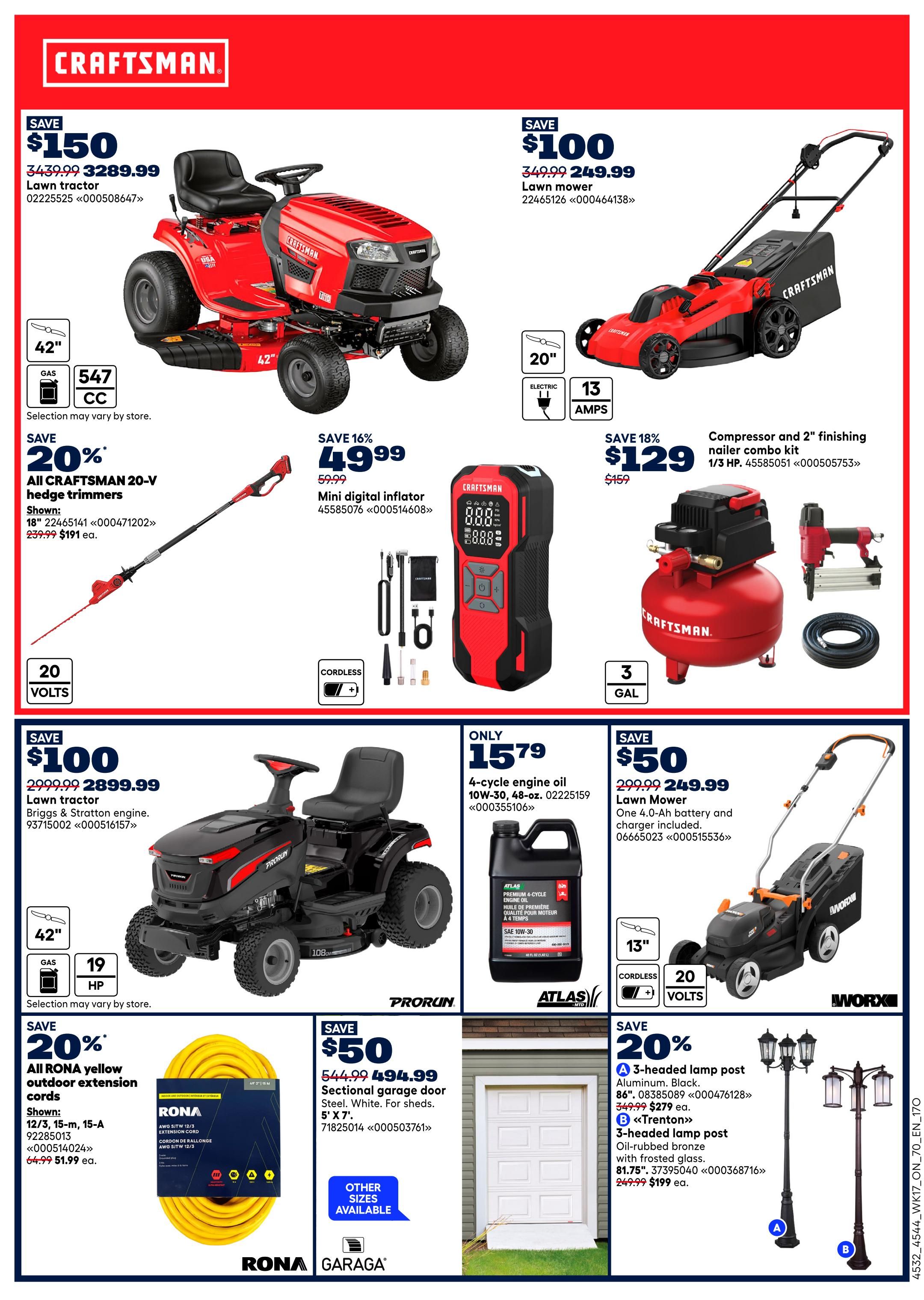 Page 14 of the Rona Ontario flyer features a variety of lawn and garden equipment and home improvement items. Top left: Craftsman 42' lawn tractor, save $150, now $3289.99. Below that, save 20% on all Craftsman 20-V hedge trimmers, shown 18' for $191 each. Top right: Craftsman 20' electric lawn mower, save $100, now $249.99. Next to it, a Craftsman compressor and 2' finishing nailer combo kit, 1/3 HP, on sale for $129, down from $159. Middle section: A Craftsman 42' lawn tractor with Briggs & Stratton engine, save $100, now $2899.99. Next to it, Atlas 4-cycle engine oil 10W-30, 48-oz., for $15.79. Below the lawn tractor, save 20% on all Rona yellow outdoor extension cords, 12/3, 15m-15A shown for $51.99 each, regularly $64.99. To the right of the extension cords, save $50 on a Rona sectional garage door, 5' x 7', steel, white, now $494.99. Bottom right: Save 20% on 3-headed lamp posts. Option A, 86' aluminum black, for $279. Option B, 81.75' oil-rubbed bronze with frosted glass, for $199.