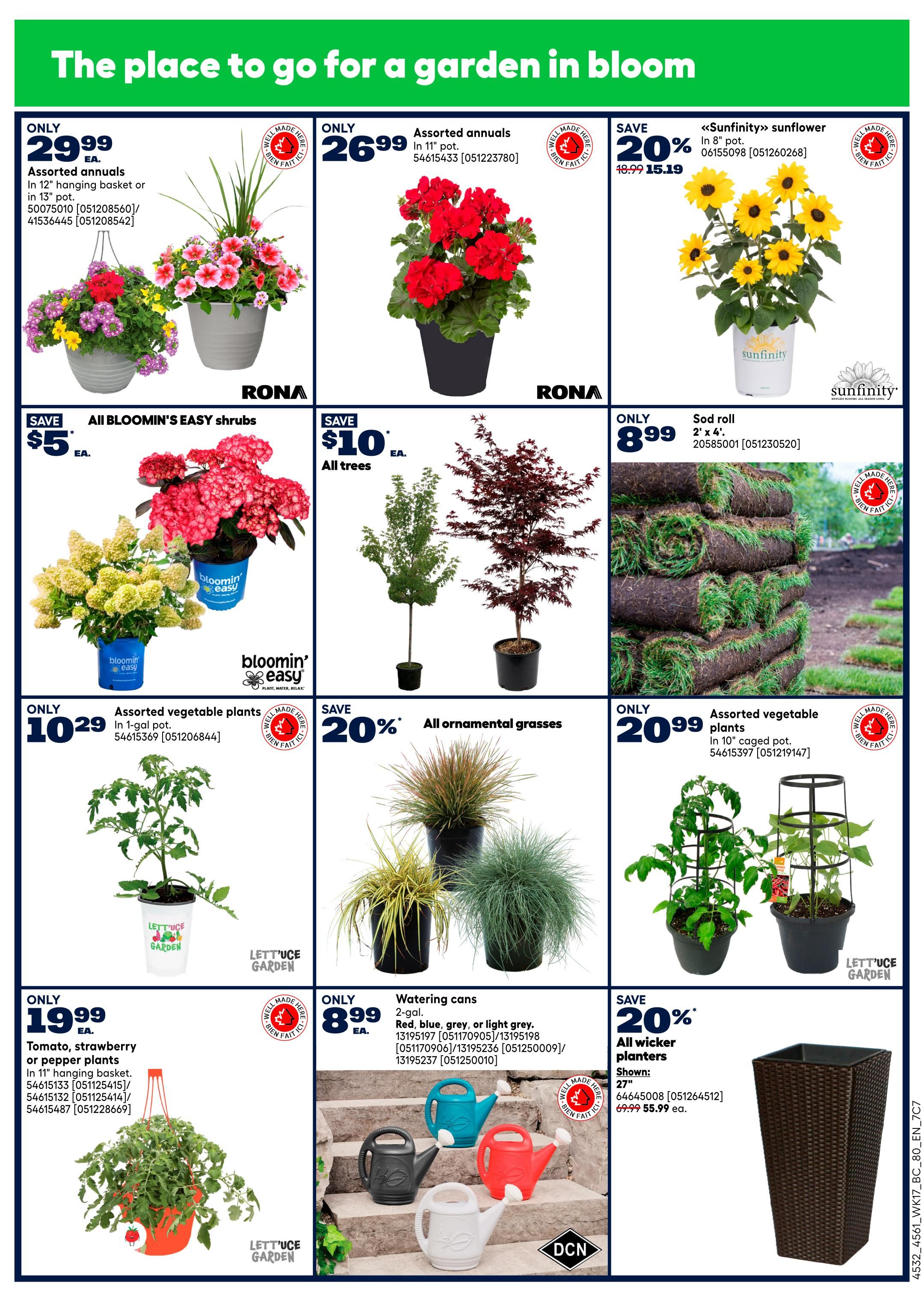 Rona weekly flyer specials page 7 features a variety of garden plants and accessories. Top row includes Assorted annuals in 12' hanging basket or 13' pot for only $29.99, Assorted annuals in 11' pot for only $26.99, and <<Sunfinity>> sunflower in 8' pot, on sale for $15.19 (originally $18.99). Below these are All BLOOMIN' EASY shrubs on sale for $5 each, All trees on sale for $10 each, and Sod roll 2' x 4' for only $8.99. The bottom row showcases Assorted vegetable plants in 1-gal. pots for only $10.29, Assorted ornamental grasses with a 20% discount, and Assorted vegetable plants in 10' caged pots for only $20.99. Also featured are Tomato, strawberry or pepper plants in 11' hanging basket for only $19.99, and Watering cans in 2-gal. size (red, blue, grey, or light grey) for only $8.99 each. Finally, there are All wicker planters, 27', on sale for $55.99 (originally $69.99).