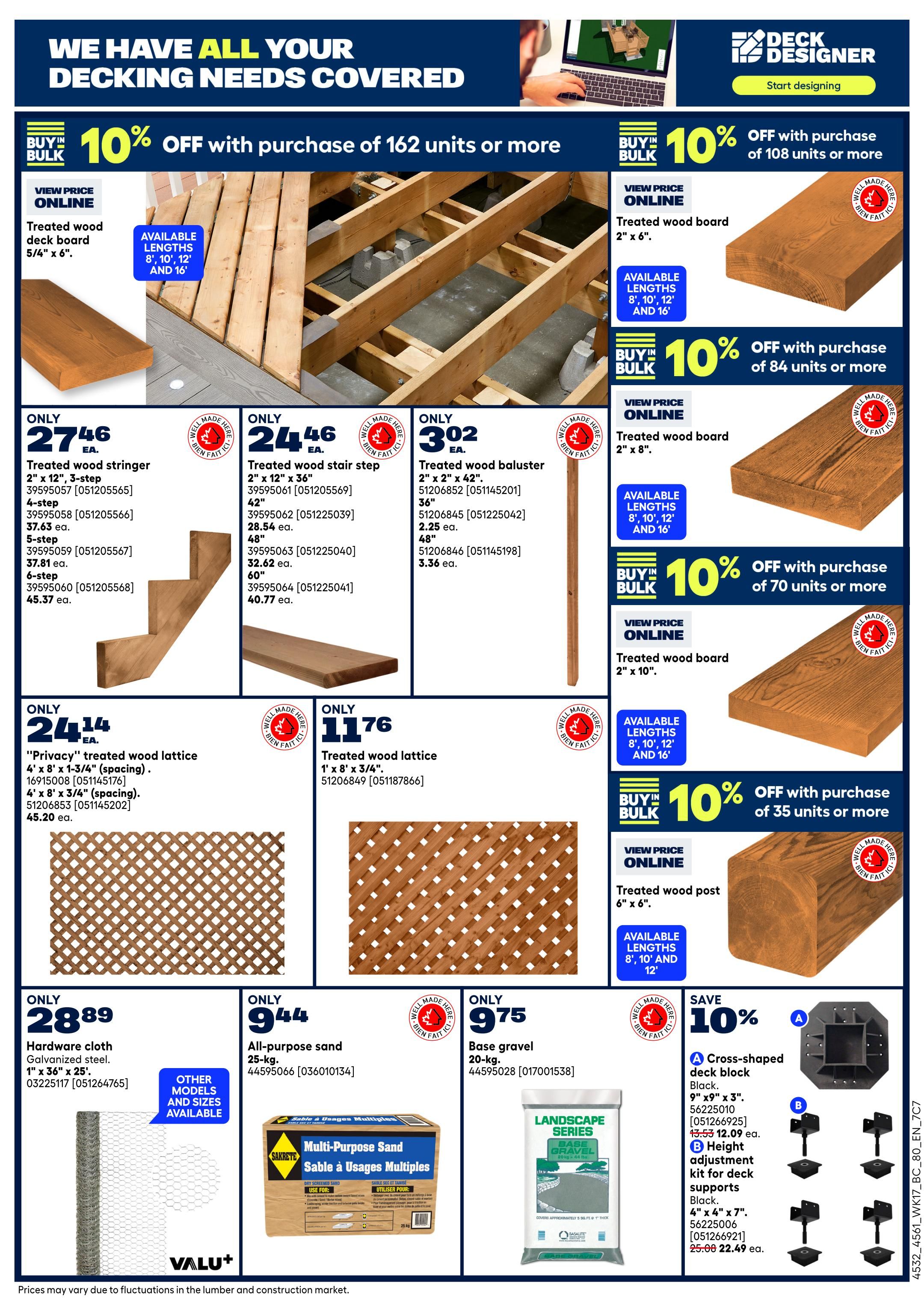 Rona flyer page 11 showcasing a variety of decking materials and accessories. Featured products include treated wood stringers for $27.46, treated wood stair steps for $24.46, and treated wood balusters for $3.02. Also available are treated wood boards in various sizes, including 5/4' x 6' for $27.46, 2' x 6' for $24.46, and 2' x 8' for $3.02. 'Privacy' treated wood lattice is priced at $24.14 for 4' x 8' x 3/4' (spacing) and $45.20 for 4' x 8' x 3/4' (spacing). Treated wood lattice 1' x 8' x 3/4' is $11.76. Hardware cloth (galvanized steel, 1' x 36' x 25') is $28.89. All-purpose sand (25-kg) is $9.44. Base gravel (20-kg) is $9.75. Special offers include 10% off with the purchase of 162 units or more of treated wood boards, 10% off with the purchase of 108 units or more of treated wood boards, 10% off with the purchase of 84 units or more of treated wood boards, 10% off with the purchase of 70 units or more of treated wood boards, and 10% off with the purchase of 35 units or more of treated wood posts. Additionally, save 10% on cross-shaped deck blocks (9' x 9' x 3') priced at $12.09 (originally $13.53) and height adjustment kits for deck supports (4' x 4' x 7') priced at $22.49 (originally $25.00).