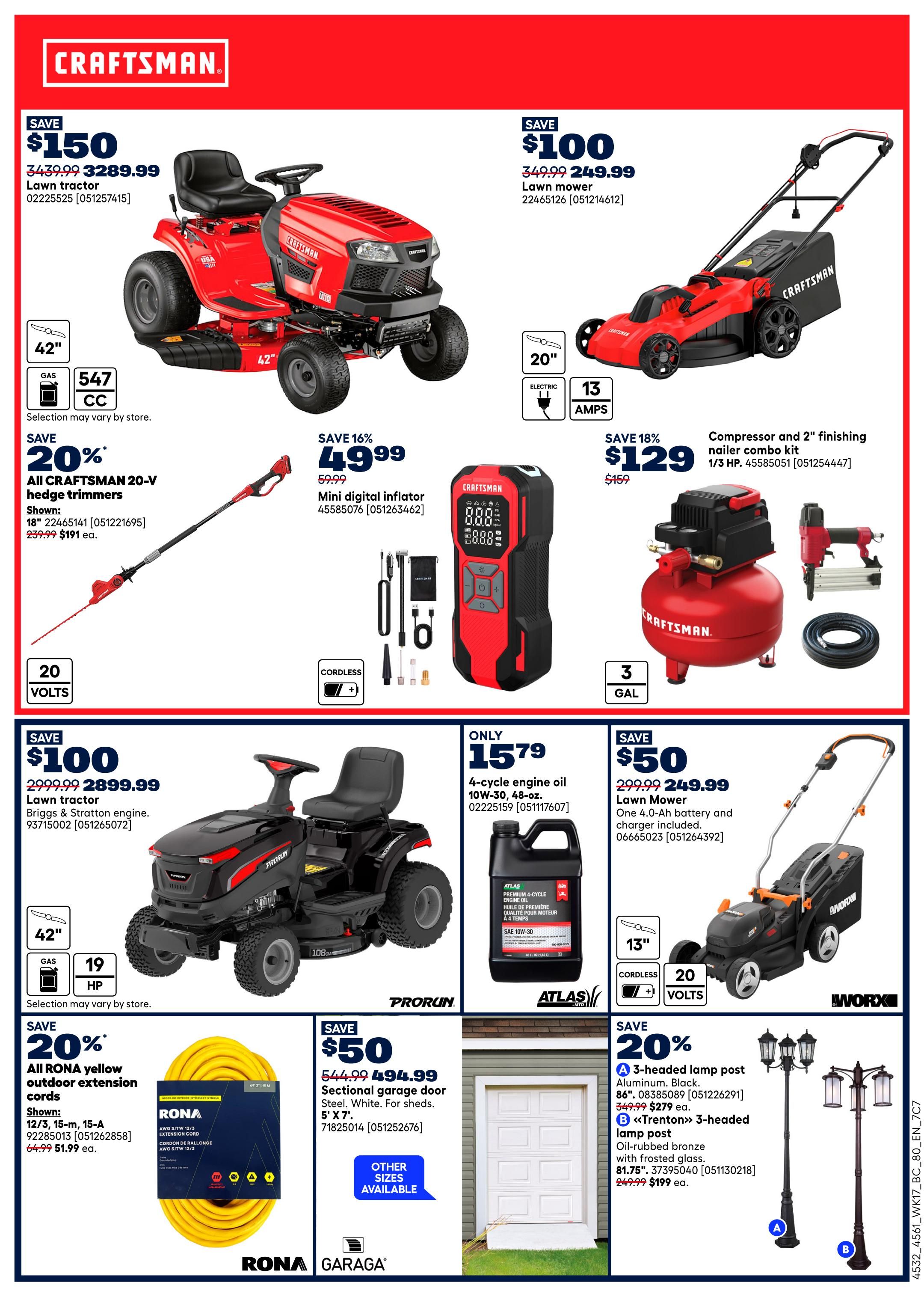 Rona flyer page 14 features a variety of outdoor and home improvement items. Top row includes a Craftsman 42' lawn tractor on sale for $3289.99 (save $150), a Craftsman 20' electric lawn mower for $249.99 (save $100), and a Craftsman compressor and 2' finishing nailer combo kit for $129 (save 18%). Also featured is a Craftsman 20-V hedge trimmer for $191 each (save 20%) and a mini digital inflator for $49.99 (save 16%). Bottom row showcases a Craftsman 42' lawn tractor with a Briggs & Stratton engine for $2899.99 (save $100), Atlas 4-cycle engine oil 10W-30 for $15.79, a Worx 13' cordless lawn mower for $249.99 (save $50), RONA yellow outdoor extension cords starting at $19.99 each (save 20%), a sectional garage door for $494.99 (save $50), and two styles of outdoor lamp posts on sale for $279 and $199 each (save 20%).