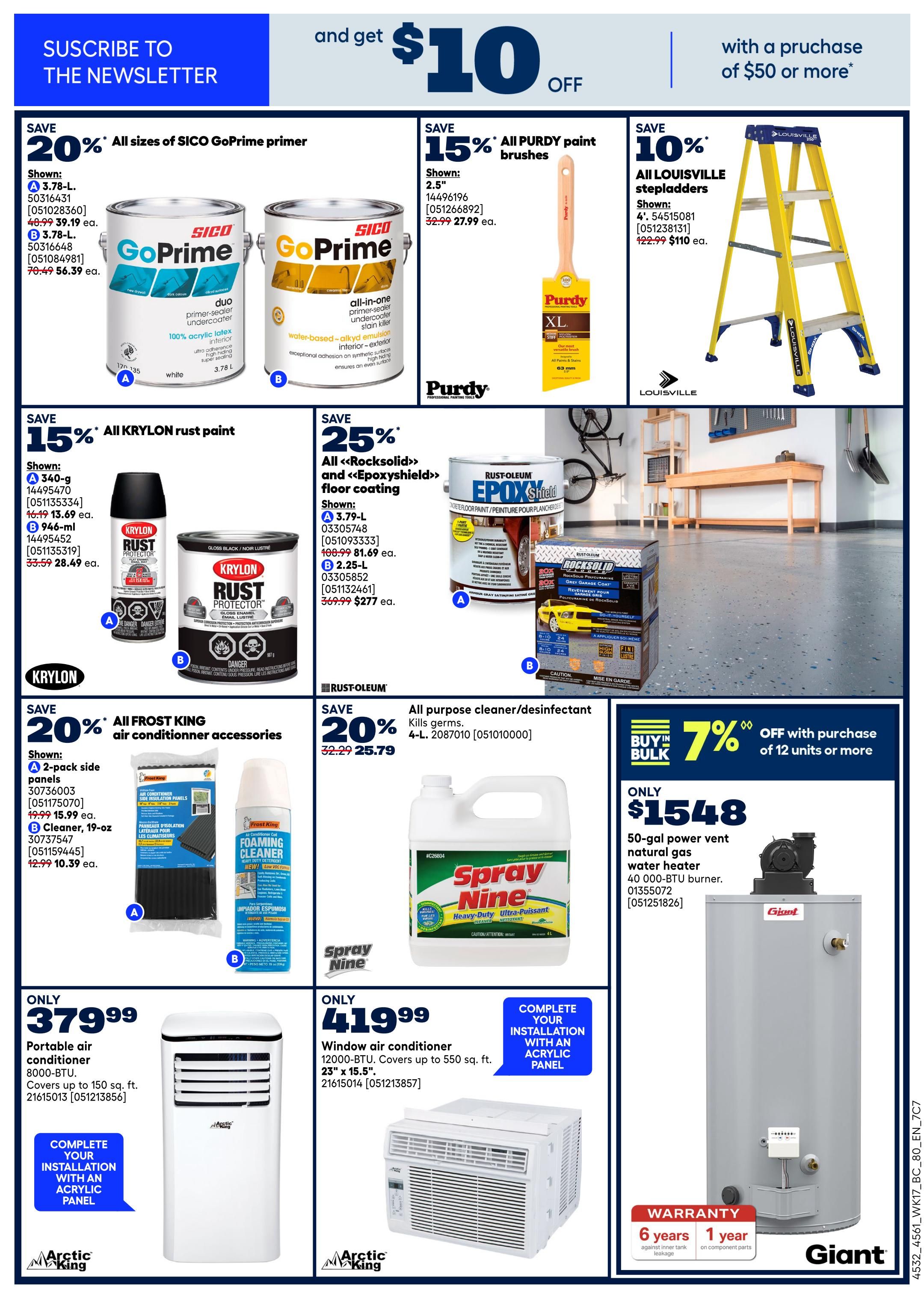 Rona flyer page 18 featuring various home improvement and maintenance products. Save 20% on all sizes of SICO GoPrime primer, with options shown at $39.19 each (originally $48.99) and $56.39 each (originally $70.49). Save 15% on all Purdy paint brushes, with a 2.5' brush priced at $27.99 (originally $32.99). Save 10% on all Louisville stepladders, with a 4' ladder at $110 each (originally $122.99). Save 15% on all Krylon rust paint, with a 340-g spray can at $13.69 each (originally $16.49) and a 946-ml can at $28.49 each (originally $33.59). Save 25% on all Rust-Oleum Rocksolid and Epoxyshield floor coatings, with a 3.79-L size at $81.69 each (originally $100.99) and a 2.25-L size at $277 each (originally $369.99). Save 20% on all Frost King air conditioner accessories, including a 2-pack side panels for $15.99 (originally $19.99) and a 19-oz cleaner for $10.39 (originally $12.99). Also featured is a 4-L all-purpose cleaner/disinfectant from Spray Nine for $25.79 (originally $32.29), with a 7% discount on purchases of 12 units or more. A 50-gal power vent natural gas water heater from Giant is available for $1548, featuring a 40,000-BTU burner. A portable Arctic King air conditioner, 8000-BTU, covering up to 150 sq. ft., is priced at $379.99. An Arctic King window air conditioner, 12000-BTU, covering up to 550 sq. ft., is available for $419.99. Complete installation with an acrylic panel is offered for the air conditioners.