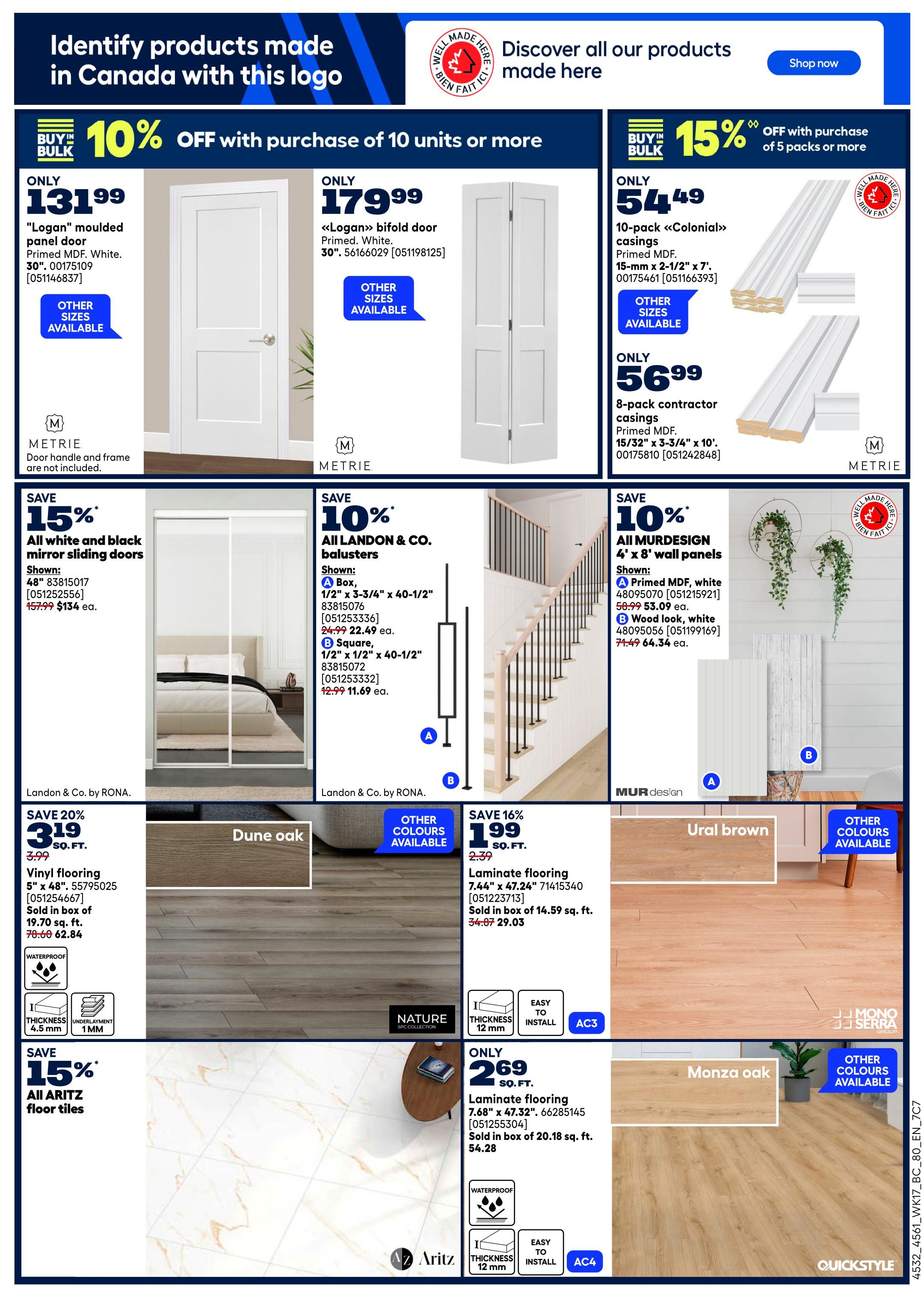 Rona flyer page 19 features a selection of home improvement products. Top section highlights doors and casings with bulk purchase discounts: 'Logan' moulded panel door for $131.99, 'Logan' bifold door for $179.99, 10-pack 'Colonial' casings for $54.49 (15% off with purchase of 5 packs or more), and 8-pack contractor casings for $56.99. Middle section showcases sliding doors and balusters: All white and black mirror sliding doors are 15% off, shown at $134 ea. (originally $157.99). All LANDON & CO. balusters are 10% off, with box style at $22.49 ea. (originally $24.99) and square style at $11.69 ea. (originally $12.99). MURDESIGN 4' x 8' wall panels are 10% off, with Primed MDF white panels at $53.09 ea. (originally $58.99) and wood look white panels at $64.34 ea. (originally $71.49). Bottom section features flooring and tiles: Dune oak vinyl flooring is 20% off at $3.19 sq. ft. (originally $3.99), sold in boxes of 19.70 sq. ft. for $62.84. Ural brown laminate flooring is 16% off at $1.99 sq. ft. (originally $2.39), sold in boxes of 14.59 sq. ft. for $29.03. Monza oak laminate flooring is $2.69 sq. ft., sold in boxes of 20.18 sq. ft. for $54.28. All ARITZ floor tiles are 15% off. Products made in Canada are identified with a special logo.