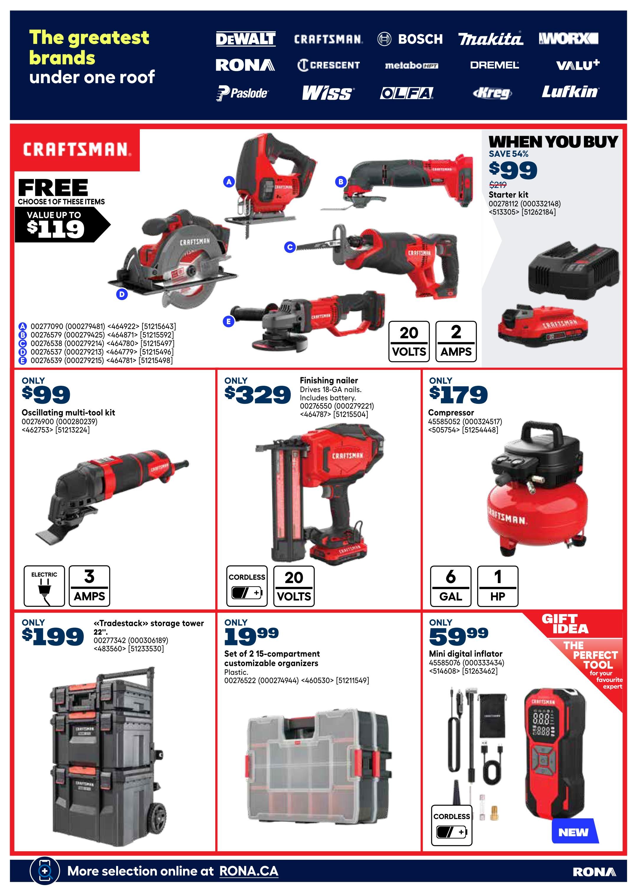 Rona Western Canada flyer, page 28. Featuring Craftsman tools and accessories. When you buy, save 54% on a Craftsman starter kit for only $99, originally $219. Also available is a Craftsman oscillating multi-tool kit for $99. A Craftsman finishing nailer, which drives 18-GA nails and includes battery, is priced at $329. Get a 6-gallon, 1 HP compressor for $179. A 22-inch 'Tradestack' storage tower is available for $199. A set of 2, 15-compartment customizable organizers is $19.99. A new mini digital inflator is on sale for $59.99. The page also highlights various Craftsman power tools including a jigsaw, reciprocating saw, circular saw, and angle grinder, with options for 20-volt and 2-amp usage. More selection is available online at RONA.CA.