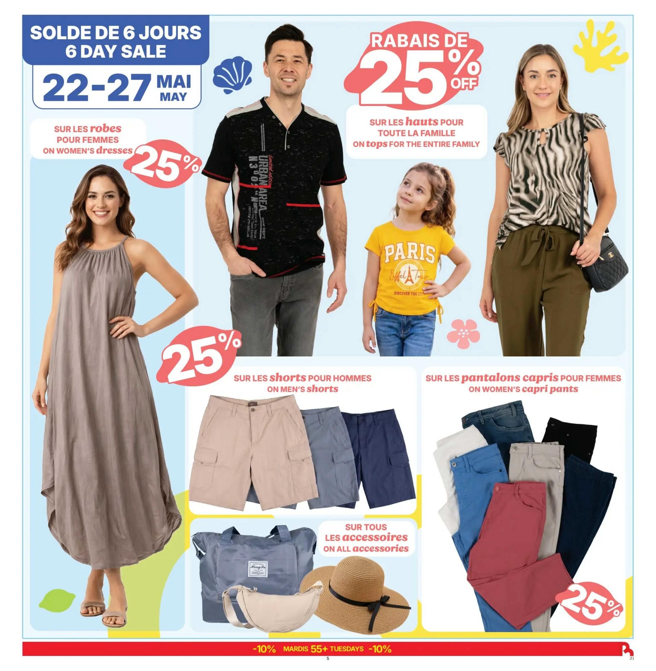 Rossy Weekly Flyer Specials, Page 5. Features a 6-day sale from May 22-27. Enjoy 25% off on women's dresses, with a model showcasing a grey maxi dress. Also, get 25% off on tops for the entire family, featuring a man in a black graphic t-shirt and a woman in a zebra-print top. Additionally, find 25% off on men's shorts, with various colours displayed. Accessories like a duffel bag, crossbody bag, and straw hat are also featured. Women's capri pants in multiple colours are available. Special offer: -10% on Tuesdays for 55+ shoppers.