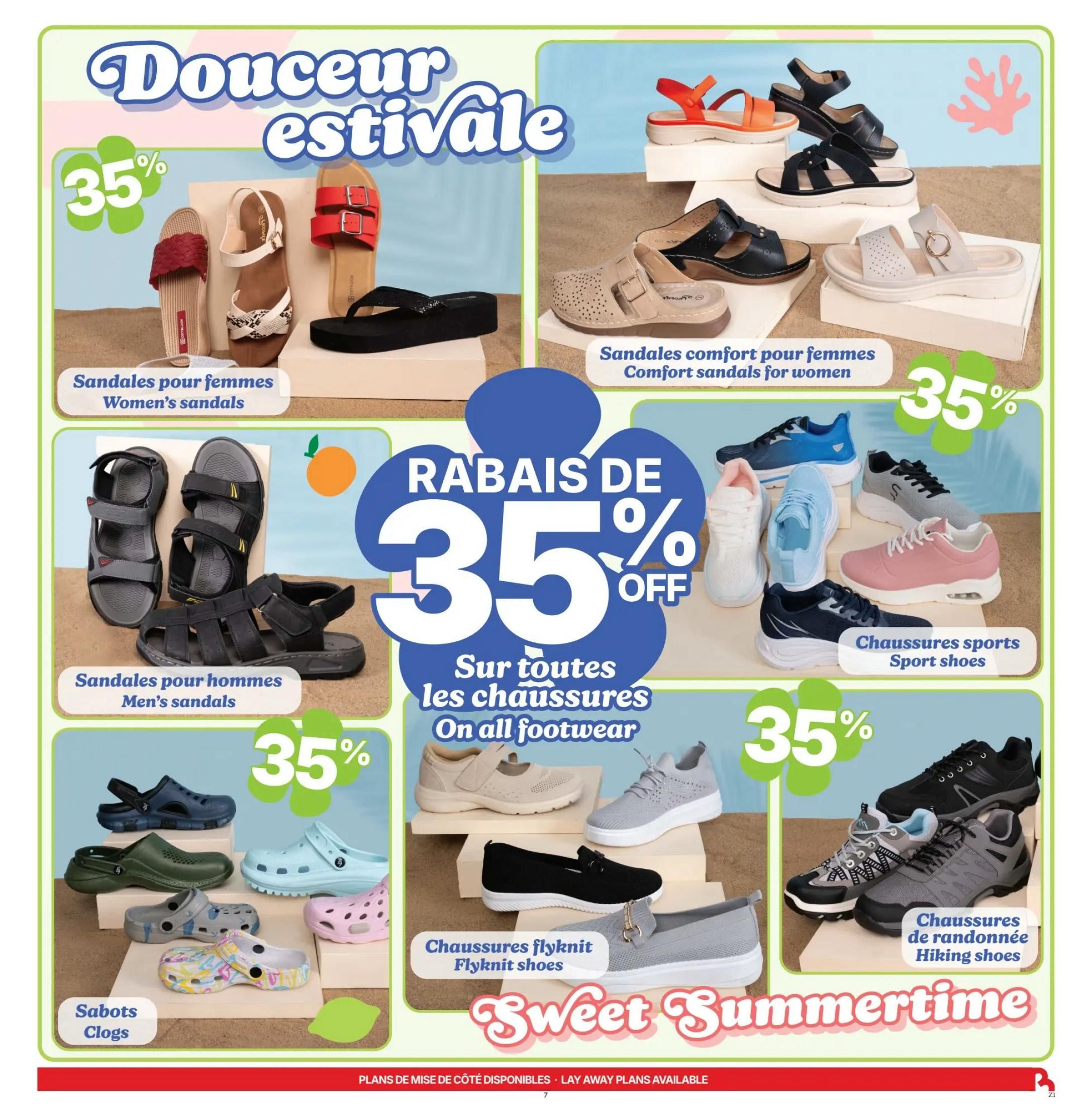 Rossy Weekly Flyer Specials, Page 7: Enjoy 'Sweet Summertime' with 35% off all footwear. Featured items include women's sandals, men's sandals, comfort sandals for women, sport shoes, hiking shoes, and clogs. Various styles of sandals, sneakers, and clogs are displayed with a prominent '35% OFF' graphic.