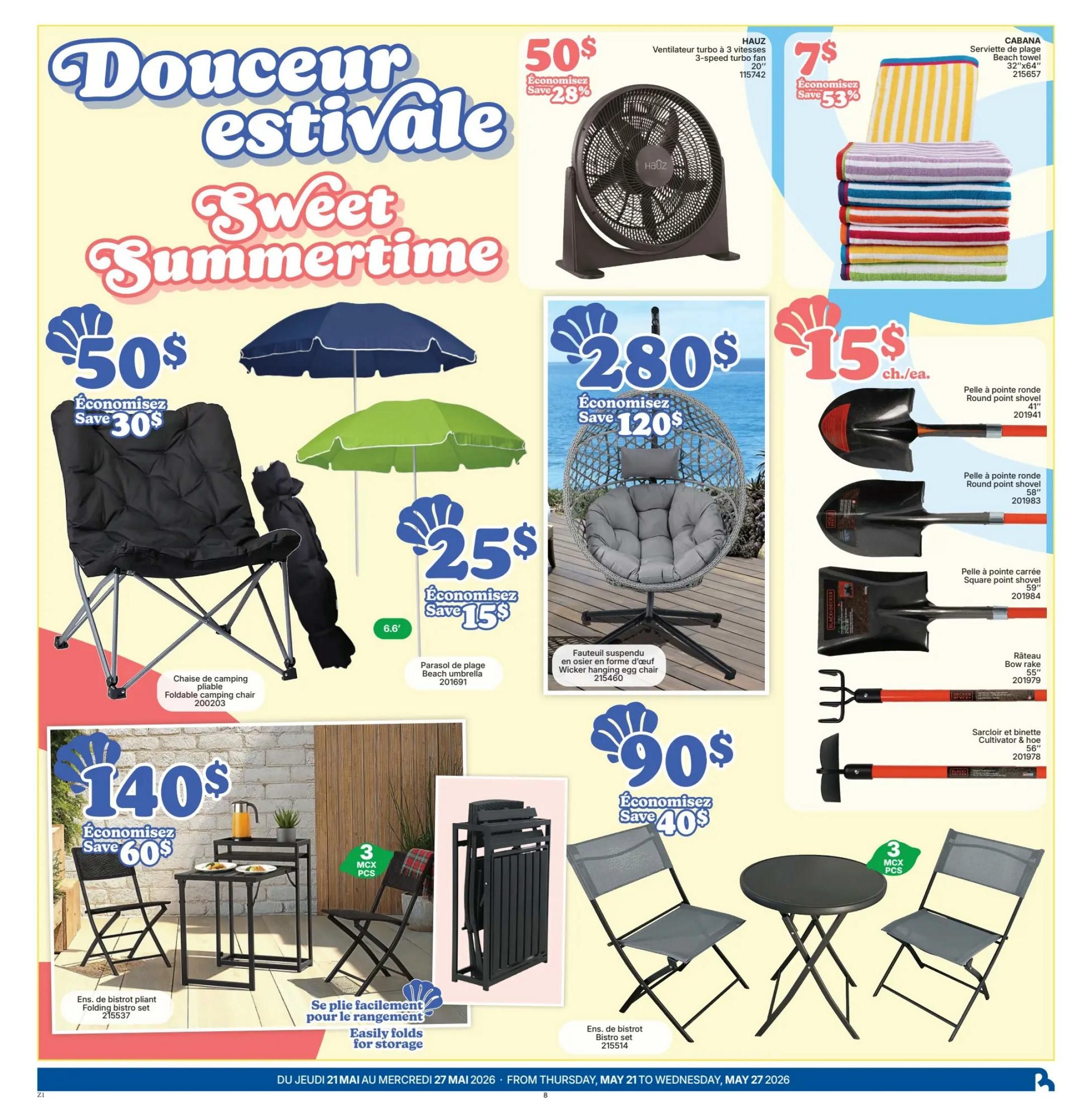 Rossy Weekly Flyer Specials, Page 8: Features 'Sweet Summertime' deals. Includes a HAUZ 3-speed turbo fan for $50, saving 28%. A CABANA beach towel set is $7, saving 53%. Outdoor furniture includes a foldable camping chair for $50, saving $30; a beach umbrella for $25, saving $15; a wicker hanging egg chair for $280, saving $120; and a 3-piece folding bistro set for $140, saving $60. Also available is a 3-piece bistro set for $90, saving $40. Garden tools include a 41' round point shovel for $15, a 58' round point shovel for $15, a 59' square point shovel for $15, a 55' bow rake for $15, and a 56' cultivator & hoe for $15.