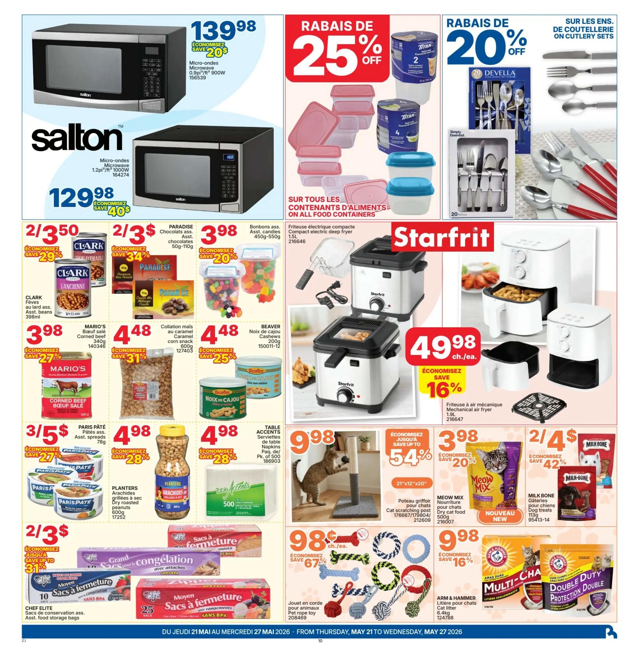 Rossy Weekly Flyer Specials Page 10: Features a Salton 0.9 cu. ft. 900W microwave for $139.98, saving $20, and a Salton 1.2 cu. ft. 1000W microwave for $129.98, saving $40. Also on sale are Titan food containers with 25% off. De Vella cutlery sets are 20% off. Starfrit offers a compact electric deep fryer for $3.98 and a 1.9L mechanical air fryer for $49.98, saving 16%. Deals include Clark beans 2/350, saving 29%; Paradise assorted chocolates 2/350, saving 34%; Mario's corned beef 340g for $3.98, saving 27%; caramel corn snack 500g for $4.48, saving 31%; Beaver cashews 200g for $4.98, saving 28%; Paris Pâté assorted spreads 78g for 3/$5, saving 27%; Planters dry roasted peanuts 600g for $4.98, saving 28%; and Table Accents 500-count napkins for $4.98. Chef Elite storage bags are 2/$3, saving up to 31%. Meow Mix cat food 500g is $3.98, saving 20%. Milk Bone dog treats 1.13kg are 2/$4, saving 42%. Arm & Hammer cat litter 6.4kg is $9.98, saving 16%. A cat scratching post is $9.98, saving up to 54%. Pet rope toys are $0.98 each, saving 67%.