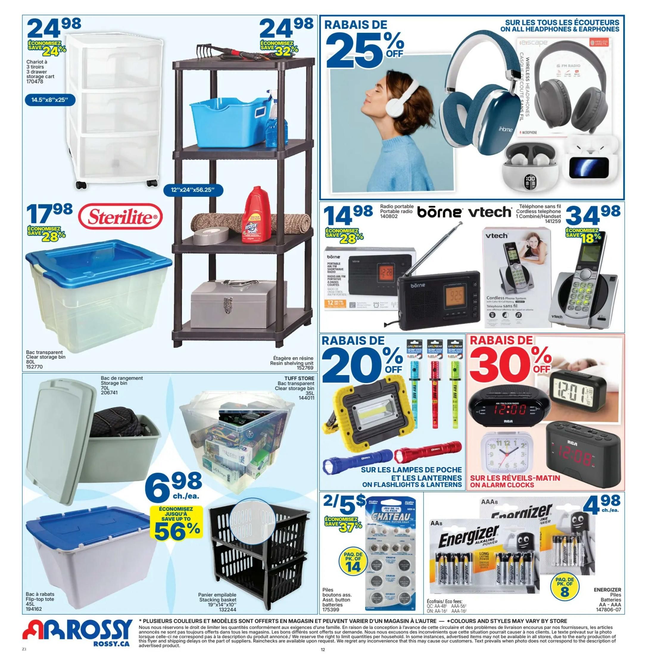 Rossy Weekly Flyer Specials Page 12: Features a 3-drawer storage cart for $24.98, saving 24%. A Sterilite clear storage bin is $17.98, saving 28%. A large flip-top tote is $6.98 each, saving up to 56%. A black stacking basket is also available. On the right, discover portable radios for $14.98, with a 25% discount on headphones and earphones. A VTech cordless phone system is $34.98, saving 18%. Also featured are LED flashlights and lanterns with a 20% discount, and alarm clocks with a 30% discount. Energizer AA and AAA batteries are on sale, with a pack of 8 AA batteries for $4.98 and a 14-pack of button cell batteries for 2/$5, saving 37%.