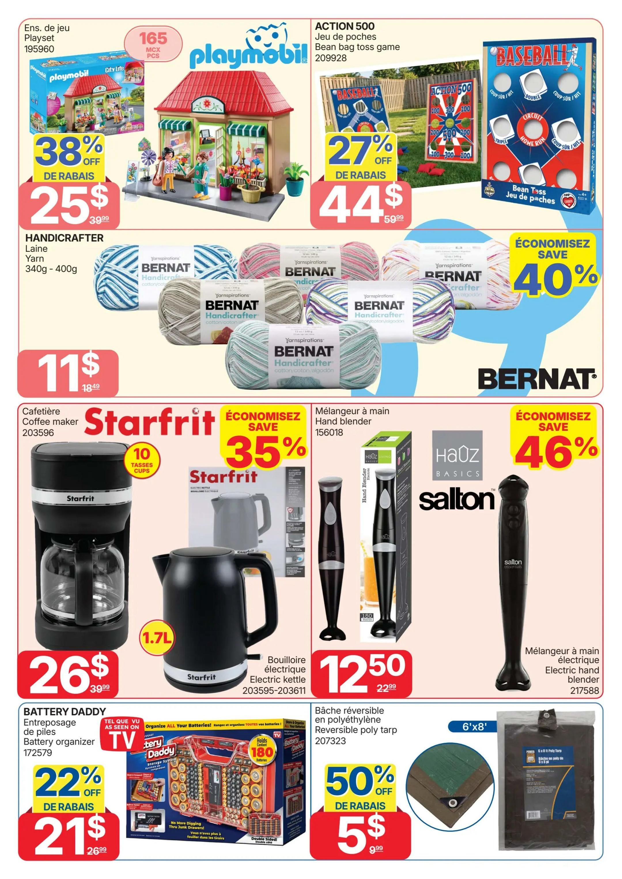 Rossy Weekly Flyer Specials, Page 14. Features a Playmobil City Life playset, 165 pieces, on sale for $25 (38% off). Also available is an Action 500 Bean Bag Toss Game for $44 (27% off). Bernat Handicrafter Yarn, 340g - 400g, is available with a 40% saving. Kitchen appliances include a Starfrit Coffee Maker for $11 (originally $18.49), a Starfrit Electric Kettle (1.7L) for $26 (originally $39.99), and a Salton Electric Hand Blender for $12.50 (originally $22.99). The Battery Daddy Battery Organizer is on sale for $21 (22% off). Additionally, a 6'x8' Reversible Poly Tarp is available for $5.99 (50% off).