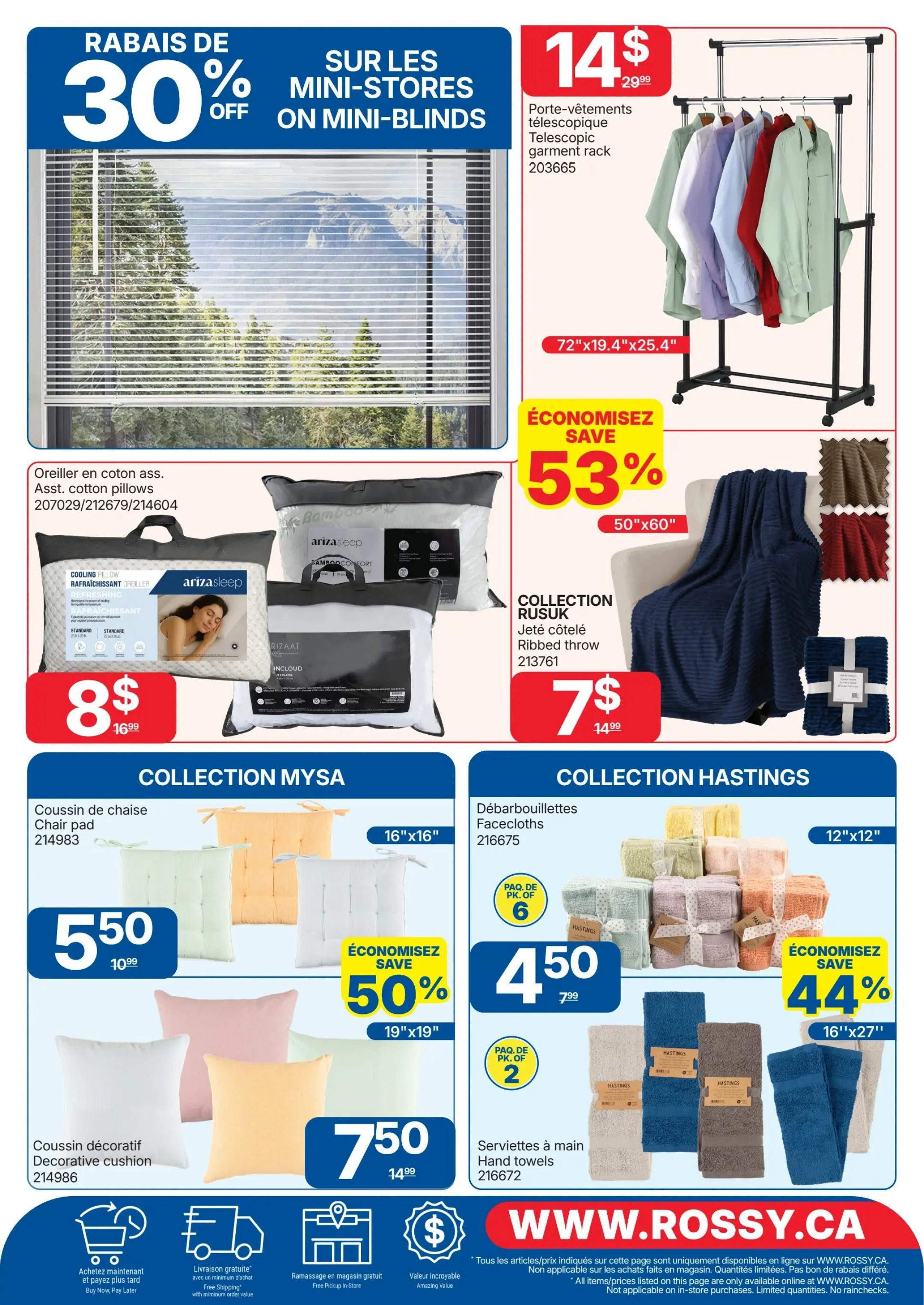 Rossy weekly flyer specials page 15 featuring 30% off mini-blinds. A telescopic garment rack is on sale for $14.99. Assorted cotton pillows are $8, originally $16.99. A ribbed throw blanket is $7, originally $14.99, with a 53% saving. Collection Mysa chair pads are $5.50, originally $10.99, and decorative cushions are $7.50, originally $14.99, with 50% savings. Collection Hastings facecloths (pack of 6) are $4.50, originally $7.99, with 44% savings. Hand towels (pack of 2) are also available. The page also highlights free shipping with minimum purchase, free in-store pickup, and amazing value. Visit www.rossy.ca for more details.