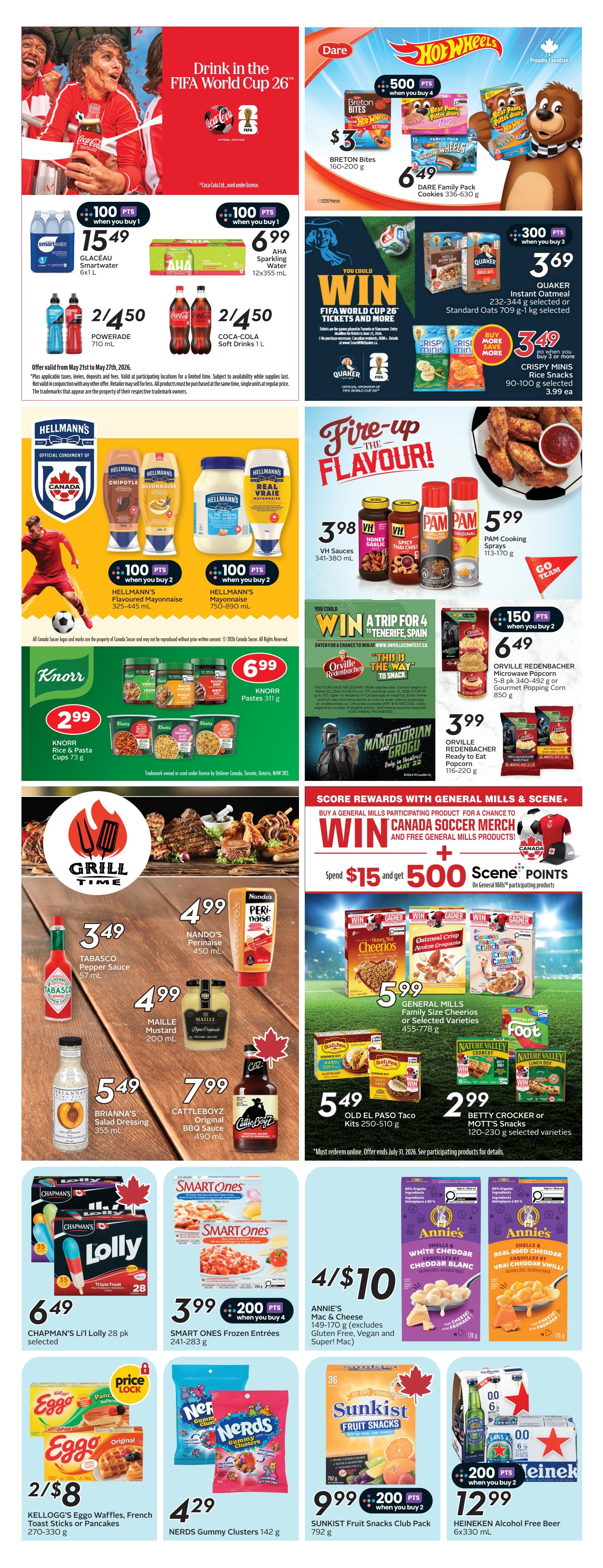 Safeway flyer page 20 features Coca-Cola and FIFA World Cup 26 promotions, with Dare Hot Wheels products like Breton Bites for $3 and Family Pack Cookies for $6.49. Hellmann's Mayonnaise is on offer with 100 bonus points when you buy 2, including Flavoured Mayonnaise (325-445 mL) and regular (750-890 mL). Knorr Pastes (311 g) are $6.99, and Knorr Rice & Pasta Cups (73 g) are $2.99. VH Sauces (341-380 mL) are $3.98, and Pam Cooking Sprays (113-170 g) are $5.99. Orville Redenbacher Microwave Popcorn (340-352 g) or Gourmet Popping Corn (850 g) is $6.49 with 150 bonus points when you buy 2, and Ready to Eat Popcorn (116-220 g) is $3.99. The Grill Time section includes Tabasco Pepper Sauce (57 mL) for $3.49, Nando's Perinaise (450 mL) for $4.99, Maille Mustard (200 mL) for $4.99, Cattleboyz Original BBQ Sauce (490 mL) for $7.99, and Brianna's Salad Dressing (355 mL) for $5.49. General Mills products are part of a promotion to win Canada Soccer Merch and Scene+ points, with Family Size Cheerios or selected varieties (455-778 g) for $5.99, and Old El Paso Taco Kits (250-510 g) for $5.49. Betty Crocker or Mott's Snacks (120-230 g) are $2.99. Chapman's Li'l Lolly (28 pk) is $6.49. Smart Ones Frozen Entrees (241-283 g) are $3.99 with 200 bonus points when you buy 4. Annie's Mac & Cheese (149-170 g) is 4 for $10. Sunkist Fruit Snacks Club Pack (792 g) is $9.99 with 200 bonus points when you buy 2. Heineken Alcohol Free Beer (6x330 mL) is $12.99 with 200 bonus points when you buy 2. Also featured are Glaceau Smartwater (6x1 L) for $15.49 with 100 bonus points when you buy 1, AHA Sparkling Water (12x355 mL) for $6.99, Powerade (710 mL) for 2 for $4.50, and Coca-Cola Soft Drinks (1 L) for 2 for $4.50. Quaker Instant Oatmeal (232-344 g) or Standard Oats (709 g - 1 kg) are $3.69 with 300 bonus points when you buy 3. Nerds Gummy Clusters (142 g) are $4.29. Kellogg's Eggo Waffles, French Toast Sticks or Pancakes (270-330 g) are 2 for $8.