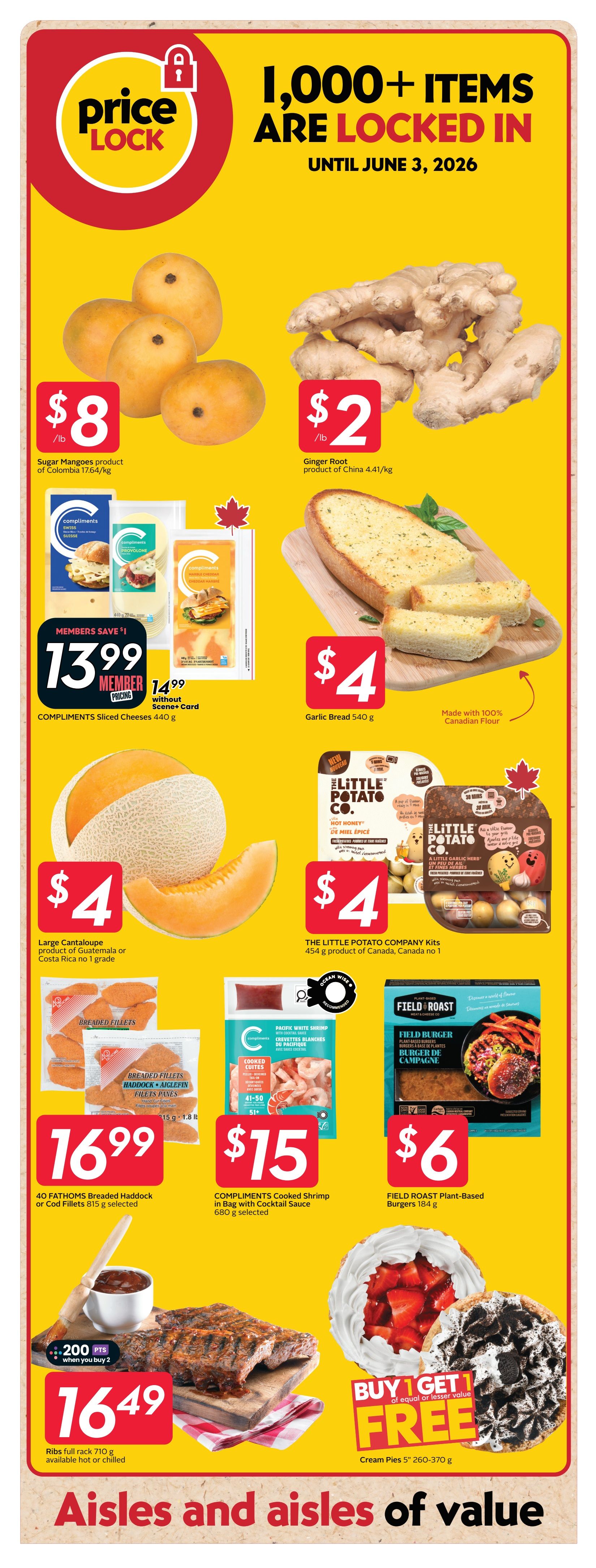 Safeway flyer page 22 features a 'Price Lock' promotion with over 1,000 items locked in until June 3, 2026. Featured products include Sugar Mangoes for $8/lb, Ginger Root for $2/lb, and Compliments Sliced Cheeses for $13.99 Member Price (regularly $14.99). Also on sale is Garlic Bread for $4, made with 100% Canadian Flour. A Large Cantaloupe is priced at $4. The Little Potato Company Kits are $4. 40 Fathoms Breaded Haddock or Cod Fillets are $16.99. Compliments Cooked Shrimp in Bag with Cocktail Sauce (680g) is $15. Field Roast Plant-Based Burgers (184g) are $6. Full rack ribs (710g) are available hot or chilled for $16.49, with a bonus of 200 points when you buy 2. Finally, buy one get one free on Cream Pies (5' 260-370g).