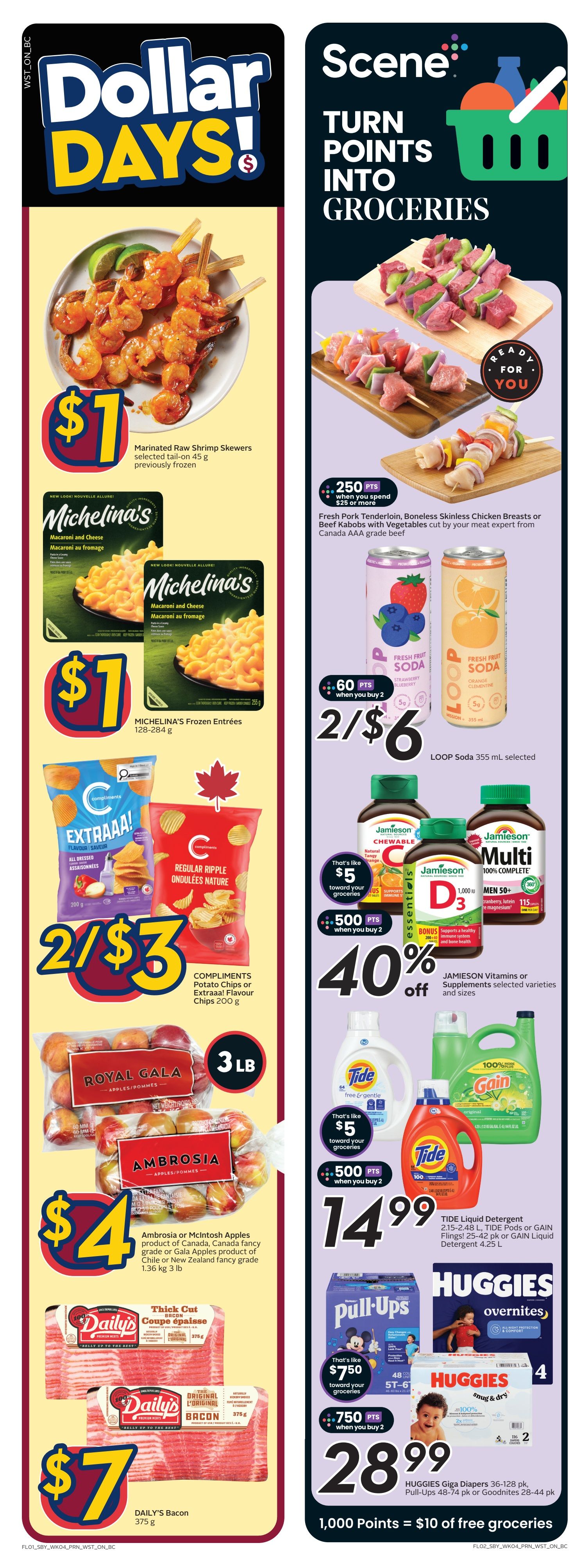 Safeway British Columbia flyer page 2 features 'Dollar Days!' specials including Marinated Raw Shrimp Skewers for $1, Michelina's Frozen Entrees for $1, Compliments Potato Chips or Extraaa! Flavour Chips for 2 for $3, Royal Gala or Ambrosia Apples for $4 per 3 lb bag, and Daily's Bacon for $7. The right side of the page highlights 'Scene: Turn Points Into Groceries' with offers like Fresh Pork Tenderloin, Boneless Skinless Chicken Breasts or Beef Kabobs with Vegetables for 250 bonus Scene points when you spend $25 or more. LOOP Soda is 2 for $6. Jamieson Vitamins or Supplements are 40% off, with 500 bonus Scene points when you buy 2. Tide Liquid Detergent, Tide Pods or Gain Flings are $14.99. Huggies Diapers, Pull-Ups or Goodnites are $28.99 for select sizes, with 1,000 bonus Scene points when you buy 2, redeemable for $10 in free groceries.