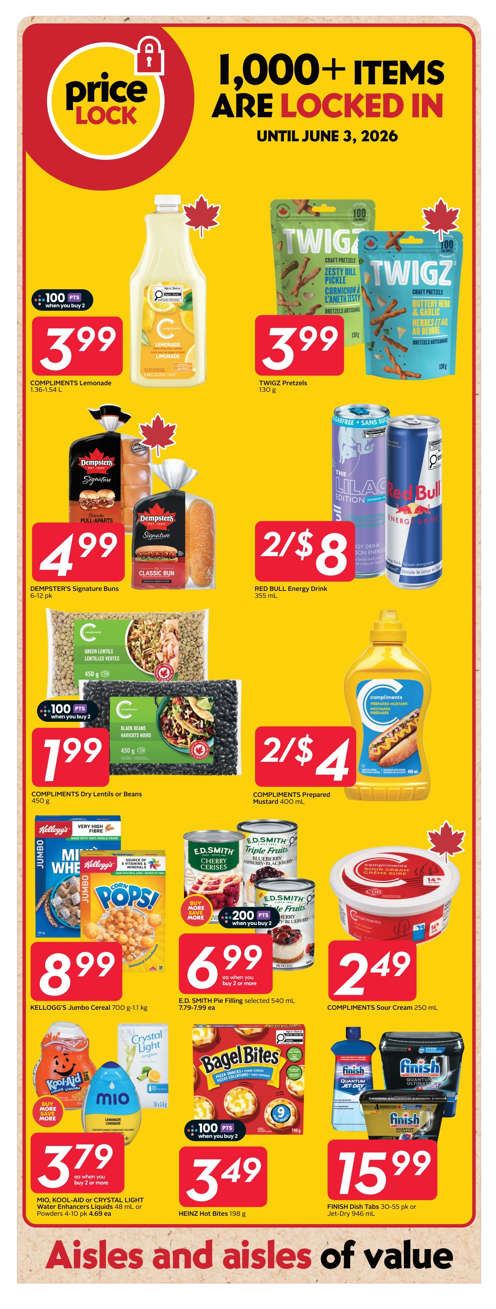 Safeway weekly flyer specials page 21 features a 'Price Lock' promotion with over 1,000 items locked in until June 3, 2026. Featured products include Compliments Lemonade for $3.99, Twigz Pretzels for $3.99, Dempster's Signature Buns (6-12 pk) for $4.99, and Red Bull Energy Drink (355 mL) at 2 for $8. Also on sale are Compliments Dry Lentils or Beans (450 g) for $1.99 when you buy 2 and earn 100 points, and Compliments Prepared Mustard (400 mL) at 2 for $4. Cereal deals include Kellogg's Jumbo Cereal (700 g - 1.1 kg) for $8.99. E.D. Smith Pie Filling (selected, 540 mL) is $6.99 when you buy 2 and earn 200 points, and Compliments Sour Cream (250 mL) is $2.49. For beverages and powders, Mio, Kool-Aid, or Crystal Light Water Enhancers Liquids (48 mL) or Powders (4 pk) are $3.79 each when you buy 2 or more. Heinz Hot Bites (198 g) are $3.49. Finish Dish Tabs (30-55 pk) or Jet-Dry (946 mL) are $15.99. The page highlights 'Aisles and aisles of value.