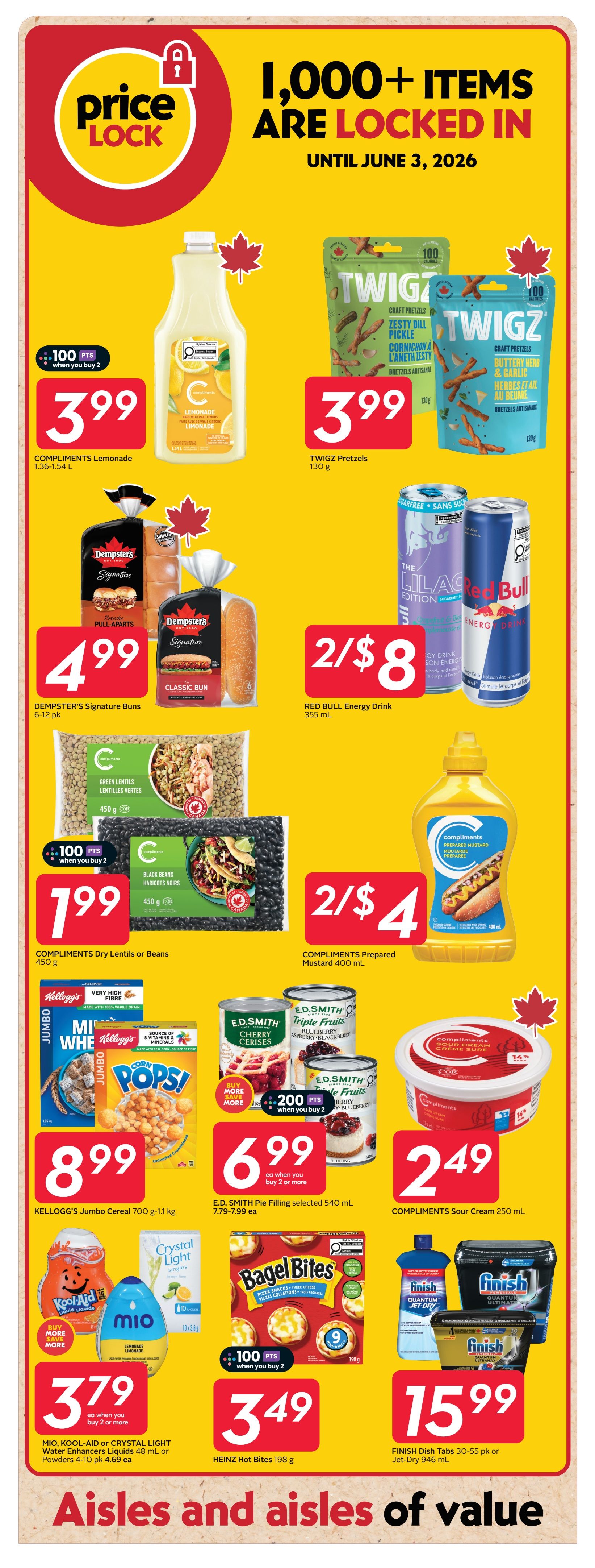 Sobeys weekly flyer specials page 22 features 'Price Lock' deals until June 3, 2026. Get Compliments Lemonade 1.36-1.54 L for $3.99, and Twigz Pretzels 130 g for $3.99. Dempster's Signature Buns 6-12 pk are $4.99. Red Bull Energy Drink 355 mL is 2 for $8. Compliments Dry Lentils or Beans 450 g are $1.99 when you buy 2, earning 100 points. Compliments Prepared Mustard 400 mL is 2 for $4. Kellogg's Jumbo Cereal 700 g - 1.1 kg is $8.99. E.D. Smith Pie Filling selected 540 mL is $6.99 when you buy 2 or more, earning 200 points. Compliments Sour Cream 250 mL is $2.49. Mio, Kool-Aid or Crystal Light Water Enhancers Liquids 48 mL or Powders 4-10 pk are $3.79 when you buy 2 or more. Heinz Hot Bites 198 g are $3.49. Finish Dish Tabs 30-55 pk or Jet-Dry 946 mL are $15.99. The page is titled 'Aisles and aisles of value.