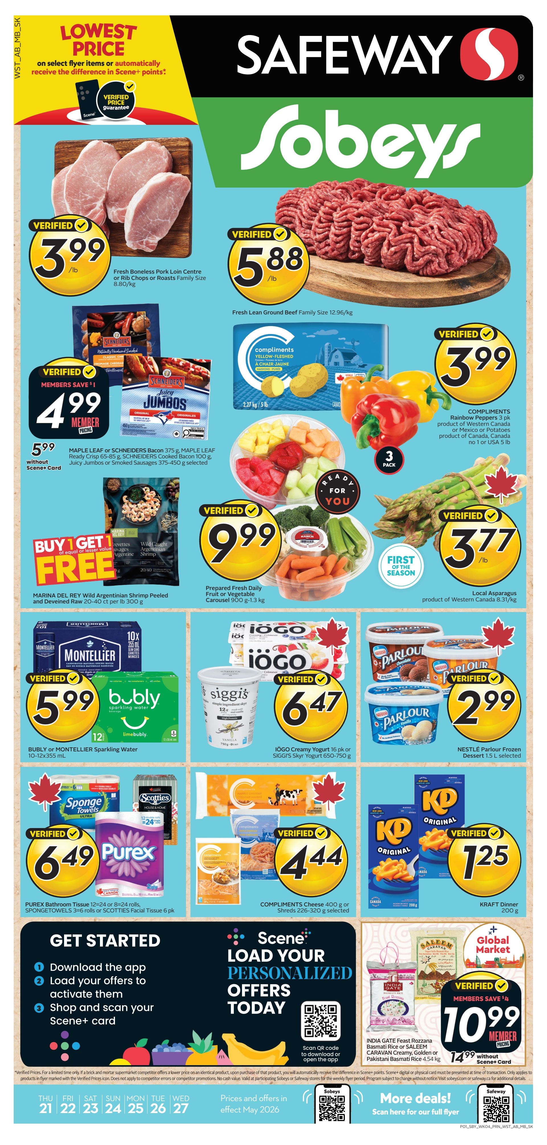 Sobeys weekly flyer specials for Manitoba and Saskatchewan. Featured items include Fresh Boneless Pork Loin Centre or Rib Chops or Roasts Family Size for $3.99/lb, Fresh Lean Ground Beef Family Size for $5.88/lb, Maple Leaf or Schneiders Bacon 375 g, Maple Leaf Ready Crisp 65-85 g, Schneiders Cooked Bacon 100 g, Juicy Jumbos or Smoked Sausages 375-450 g selected for $4.99 Member Price (regularly $5.99 without Scene+ Card). Compliments Rainbow Peppers 3 pk for $3.99, and Local Asparagus product of Western Canada for $3.77/lb. Also featured are Compliments Yellow-Fleshed Potatoes 2.27 kg / 5 lb for $3.99. Buy 1 Get 1 Free on Marina Del Rey Wild Argentinian Shrimp Peeled and Deveined Raw 20-40 ct per lb 300 g. Prepared Fresh Daily Fruit or Vegetable Carousel 900 g-1.3 kg for $9.99. Bubly or Montellier Sparkling Water 10-12X355 mL for $5.99. iOGO Creamy Yogurt 16 pk or iOGO Skyr Yogurt 650-750 g for $6.47. Nestlé Parlour Frozen Dessert 1.5 L selected for $2.99. Purex Bathroom Tissue 12-24 or 8-24 rolls, SPONG...ETOWELS 3-6 rolls or Scotties Facial Tissue 6 pk for $6.49. Compliments Cheese 400 g or Shreds 226-320 g selected for $4.44. Kraft Dinner 200 g for $1.25. India Gate Frozena Basmati Rice or Sabzi, Caravan Creamy Golden or Pakistani Basmati Rice 4.54 kg for $10.99 Member Price. Download the Sobeys app to load personalized offers. Prices and offers are valid from May 21 to May 27, 2026.