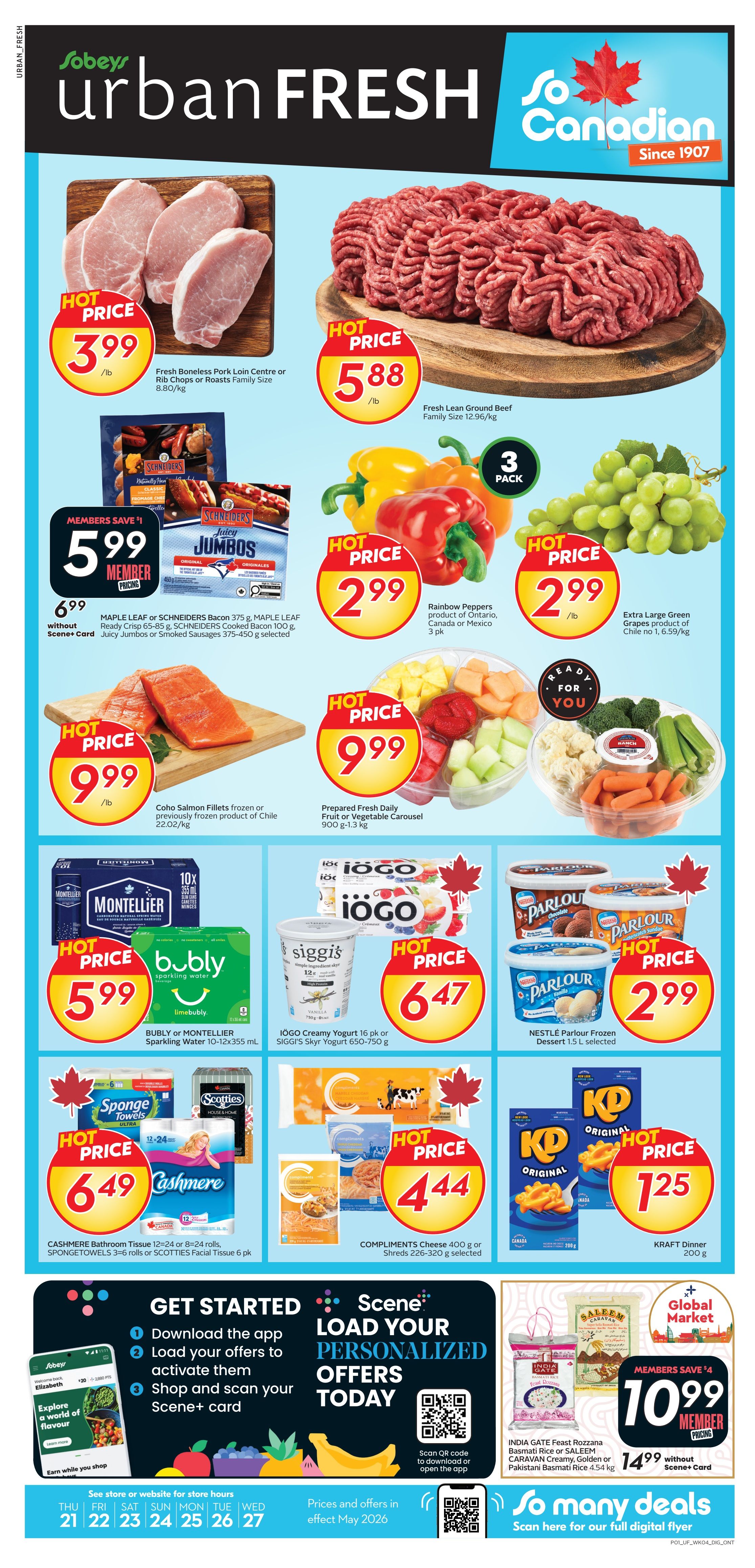 Sobeys Urban Fresh flyer page 1 specials include Fresh Boneless Pork Loin Centre or Rib Chops or Roasts Family Size for $3.99/lb, Fresh Lean Ground Beef Family Size 12.96/kg for $5.88/lb, Rainbow Peppers 3 pk for $2.99, Extra Large Green Grapes product of Chile no 1 for $2.99/lb. Members save $1 on Maple Leaf or Schneiders Bacon 375 g, Maple Leaf Ready Crisp 65-85 g, Schneiders Cooked Bacon 100 g, or Juicy Jumbos or Smoked Sausages 375-450 g selected, for $5.99. Coho Salmon Fillets frozen or previously frozen product of Chile 22.02/kg for $9.99/lb. Prepared Fresh Daily Fruit or Vegetable Carousel 900 g-1.3 kg for $9.99. Bubly or Montellier Sparkling Water 10-12x355 mL for $5.99. IOGO Creamy Yogurt 16 pk or IOGO Skyr Yogurt 650-750 g for $6.47. Nestle Parlour Frozen Dessert 1.5 L selected for $2.99. Cashmere Bathroom Tissue 12=24 or 8=24 rolls, Spongetowels 3=6 rolls or Scotties Facial Tissue 6 pk for $6.49. Compliments Cheese 400 g or Shreds 226-320 g selected for $4.44. Kraft Dinner 200 g for $1.25. India Gate Feest Rozzana Basmati Rice or Saleem Caravan Creamy, Golden or Pakistani Basmati Rice 4.54 kg for $10.99 with Scene+ Card, or $14.99 without. Get started with Scene+ personalized offers by downloading the app, loading offers, and shopping with your Scene+ card. Prices and offers are in effect May 2026.