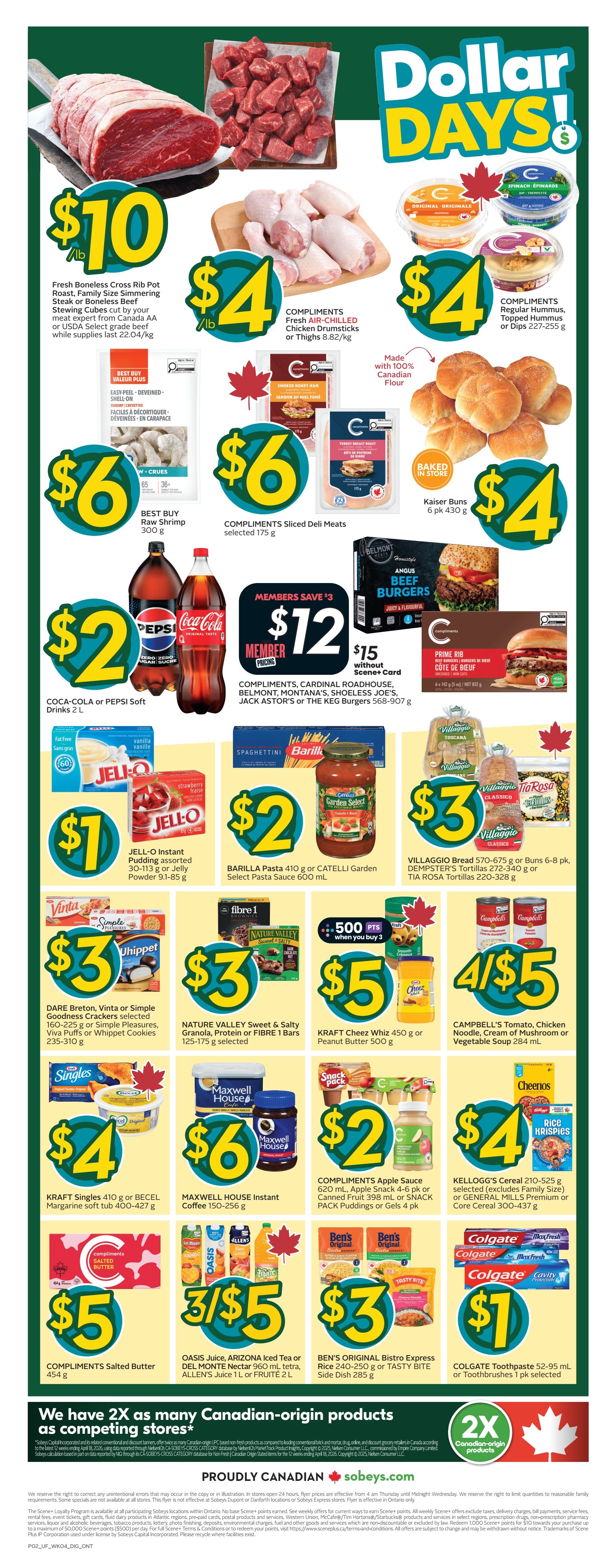 Sobeys Urban Fresh weekly flyer specials, page 3. Featured Dollar Days deals include Fresh Boneless Cross Rib Pot Roast, Family Size Simmering Steak or Boneless Beef Stewing Cubes for $10/lb, COMPLIMENTS Fresh Air-Chilled Chicken Drumsticks or Thighs for $4/lb, and COMPLIMENTS Regular Hummus or Dips for $4. Also on sale: BEST BUY Raw Shrimp for $6, COMPLIMENTS Sliced Deli Meats for $6, and Kaiser Buns for $4. Soft drinks like Coca-Cola or Pepsi are $2. Member pricing offers COMPLIMENTS, Cardinal Roadhouse, Belmont, Montana's, Shoeless Joe's, Jack Astor's or The Keg Burgers for $12 (member price) or $15 without Scene+ card. JELL-O Instant Pudding or Jelly Powder is $1. BARILLA Pasta or CATELLI Garden Select Pasta Sauce is $2. VILLAGGIO Bread, DEMPSTER'S Tortillas or TIA ROSA Tortillas are $3. DARE Breton, Vinta or Simple Goodness Crackers, Viva Puffs or Whippet Cookies are $3. NATURE VALLEY Sweet & Salty Granola, Protein or FIBRE 1 Bars are $3. KRAFT Cheez Whiz or Peanut Butter is $5. CAMPBELL'S Tomato, Chicken Noodle, Cream of Mushroom or Vegetable Soup is 4 for $5. KRAFT Singles or BECEL Margarine is $4. MAXWELL HOUSE Instant Coffee is $6. COMPLIMENTS Apple Sauce, Apple Snack or Canned Fruit or Snack Pack Puddings or Gels are $2. KELLOGG'S Cereal or GENERAL MILLS Premium or Core Cereal is $4. COMPLIMENTS Salted Butter is $5. OASIS Juice, ARIZONA Iced Tea or DEL MONTE Nectar is 3 for $5. BEN'S ORIGINAL Bistro Express or TASTY BITE Side Dish is $3. COLGATE Toothpaste or Toothbrushes are $1. The flyer also highlights 2x Canadian-origin products.