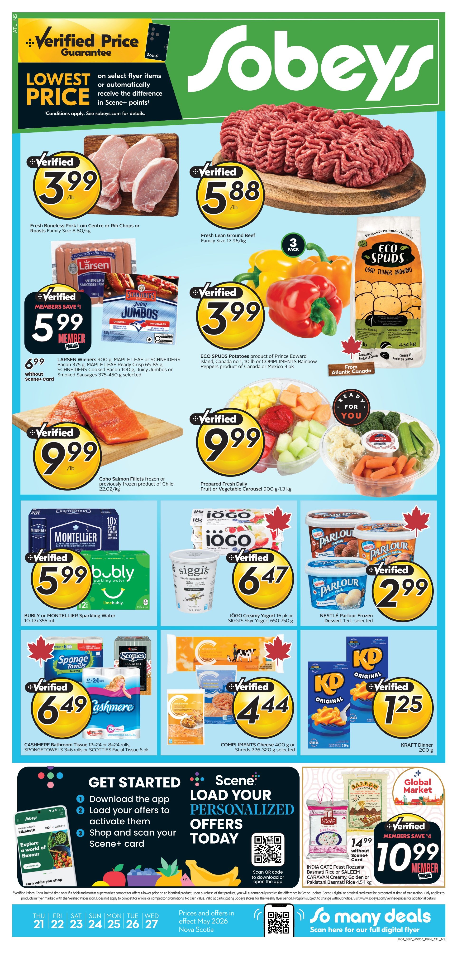 Sobeys Atlantic Canada flyer page 1 features a Verified Price Guarantee. Featured items include Fresh Boneless Pork Loin Centre or Rib Chops or Roasts Family Size for $3.99/lb, and Fresh Lean Ground Beef Family Size for $5.88/lb. Larsen Wieners 900 g, Maple Leaf or Schneiders Bacon 375 g, Maple Leaf Ready Crisp 65-85 g, Schneiders Cooked Bacon 100 g, Juicy Jumbos or Smoked Sausages 375-450 g are on sale for $5.99 for members, or $6.99 without Scene+ Card. ECO SPUDS Potatoes, 10 lb bag, or Compliments Rainbow Peppers (Canada or Mexico) are $3.99. Coho Salmon Fillets frozen or previously frozen product of Chile are $9.99/lb. Prepared Fresh Daily Fruit or Vegetable Carousel 900 g is $9.99. Bubly or Montellier Sparkling Water 10-12x355 mL is $5.99. IOGO Creamy Yogurt 16 pk or Siggi's Skyr Yogurt 650-750 g is $6.47. Nestlé Parlour Frozen Dessert 1.5 L is $2.99. Cashmere Bathroom Tissue 12x24 or 8x24 rolls, Spongetowels 3-6 rolls or Scotties Facial Tissue 6 pk are $6.49. Compliments Cheese 400 g or Shreds 226-320 g selected are $4.44. Kraft Dinner 200 g is $1.25. India Gate Feasts Rozzana Basmati Rice or Saleem Caravans Creamy, Golden or Pakistani Basmati Rice 4.54 kg are $14.99 without Scene+ Card, or $10.99 for members. The flyer also promotes downloading the Scene+ app to load personalized offers. Prices are valid from May 21 to May 27, 2026.