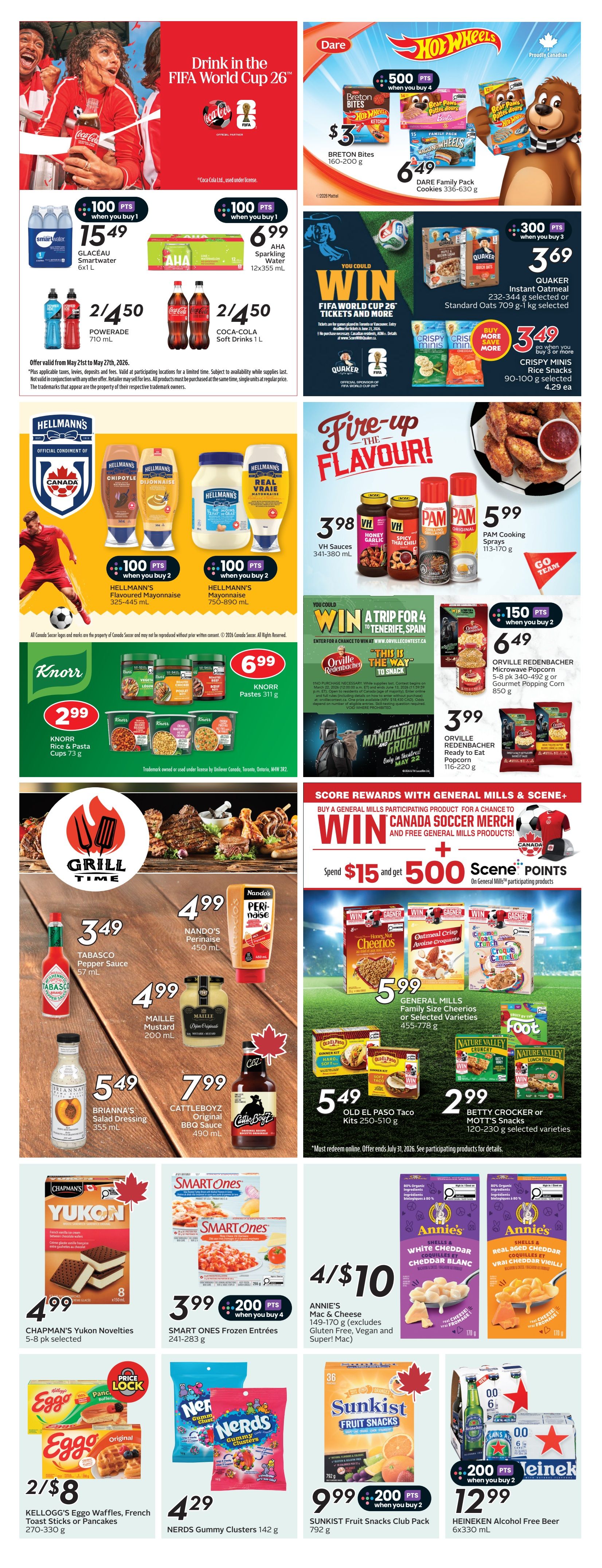 Sobeys Atlantic Canada flyer page 20 features a variety of food specials. Coca-Cola and FIFA World Cup 26 promotion offers 100 points when you buy 1 Glaceau Smartwater 6x1L for $15.49. AHA Sparkling Water 12x355mL is $6.99. Powerade 710mL is 2 for $4.50, and Coca-Cola Soft Drinks 1L are also 2 for $4.50. Hellmann's Flavourful Mayonnaise 325-445mL and Hellmann's Mayonnaise 750-890mL each offer 100 points when you buy 2. Knorr Pastes 311g are $6.99, and Knorr Rice & Pasta Cups 73g are $2.99. Fire-up the Flavour promotion includes VH Sauces 341-380mL for $3.98 and Pam Cooking Sprays 113-170g for $5.99. Orville Redenbacher Microwave Popcorn 5-8 pk 340-492g or Gourmet Popping Corn 850g is 150 points when you buy 2 for $6.49. Orville Redenbacher Ready to Eat Popcorn 116-220g is $3.99. Grill Time specials include Tabasco Pepper Sauce 57mL for $3.49, Nando's Perinaise 450mL for $4.99, Maille Original Mustard 200mL for $4.99, and Cattleboyz Original BBQ Sauce 490 mL for $7.99. Brianna's Salad Dressing 355mL is $5.49. General Mills & Scene+ promotion offers a chance to win Canada Soccer merch and free General Mills products when you spend $15 and get 500 Scene points. General Mills Family Size Cheerios or selected varieties 455-778g are $5.99. Old El Paso Taco Kits 250-510g are $5.49. Betty Crocker or Mott's Snacks 120-230g selected varieties are $2.99. Chapman's Yukon Novelties 5-8 pk selected are $4.99. Smart Ones Frozen Entrees 241-283g are $3.99 with 200 points when you buy 4. Annie's Mac & Cheese 149-170g (Gluten Free, Vegan and Super!) are 4 for $10. Kellogg's Eggo Waffles, French Toast Sticks or Pancakes 270-330g are 2 for $8. Nerds Gummy Clusters 142g are $4.29. Sunkist Fruit Snacks Club Pack 792g are $9.99 with 200 points when you buy 2. Heineken Alcohol Free Beer 6x330mL is $12.99 with 200 points when you buy 2.