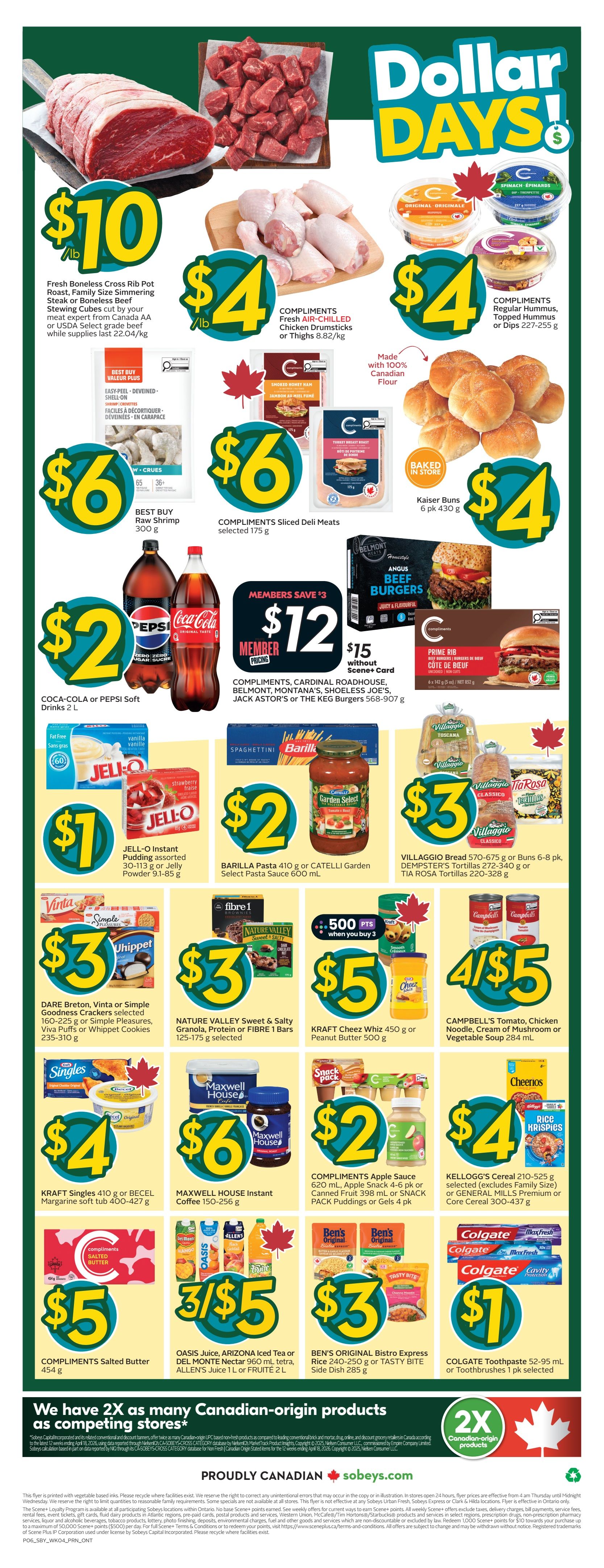 Sobeys Ontario flyer page 3 features 'Dollar Days' specials. Highlights include Fresh Boneless Cross Rib Pot Roast or Stewing Beef Cubes for $10/lb, Compliments Fresh AIR-CHILLED Chicken Drumsticks or Thighs for $4/lb, and Compliments Sliced Deli Meats for $6. Also featured are Kaiser Buns for $4, Coca-Cola or Pepsi Soft Drinks 2 L for $2, and Jell-O Instant Pudding or Jelly Powder for $1. Barilla Pasta or Catelli Garden Select Pasta Sauce is $2. Villaggio Bread or Buns are $3, as are Dempster's Tortillas or Tia Rosa Tortillas. Nature Valley Sweet & Salty Granola Bars or Fibre 1 Bars are $3. Kraft Cheez Whiz or Peanut Butter is $5. Campbell's Tomato, Chicken Noodle, Cream of Mushroom or Vegetable Soup is 4 for $5. Kraft Singles or Becel Margarine is $4. Maxwell House Instant Coffee is $6. Compliments Apple Sauce or Pack Puddings are $2. Kellogg's Cereal or General Mills Cereal is $4. Compliments Salted Butter is $5. Oasis Juice or Arizona Iced Tea is 3 for $5. Ben's Original Bistro Express Rice or Tasty Bite Side Dish is $3. Colgate Toothpaste or Toothbrushes are $1. The page also promotes 'We have 2X as many Canadian-origin products as competing stores!' with a 'Proudly Canadian' banner and sobeys.com.