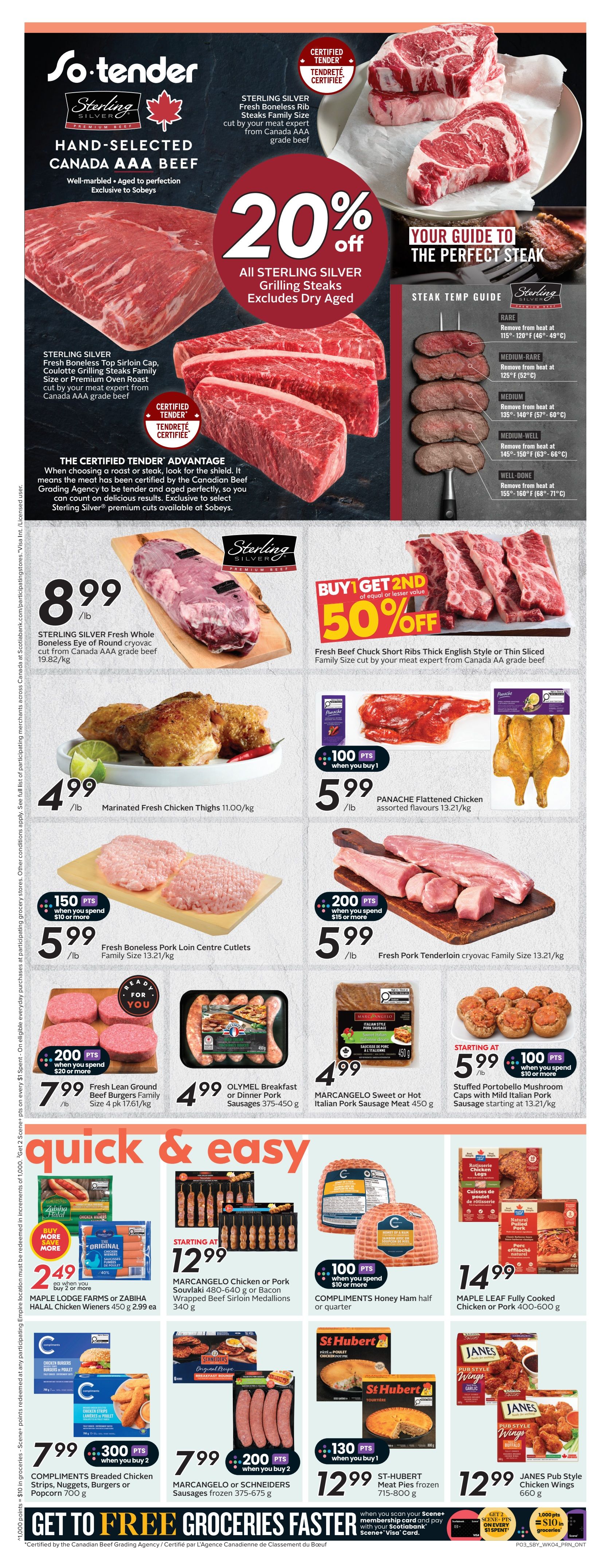 Sobeys Ontario flyer page 6 features Sterling Silver Canada AAA grade beef with a 20% off discount on grilling steaks, excluding dry-aged. Featured beef cuts include Sterling Silver Fresh Boneless Rib Steaks at $8.99/lb and Fresh Beef Chuck Short Ribs with a buy 1 get 1 50% off offer. Also on sale is Marinated Fresh Chicken Thighs for $4.99/lb, Panache Flattened Chicken Assorted Flavours for $5.99/lb, Fresh Boneless Pork Loin Centre Cutlets for $5.99/lb, and Fresh Pork Tenderloin for $5.99/lb. The 'Quick & Easy' section includes Maple Lodge Farms or Zabiha Halal Chicken Wieners for $2.49 when you buy 2 or more, Marcangelo Chicken or Pork Souvlaki or Bacon Wrapped Beef Sirloin Medallions for $12.99, Compliments Honey Ham for $5.99, Maple Leaf Fully Cooked Chicken or Pork for $14.99. Also featured are Olymel Breakfast or Dinner Pork Sausages for $4.99, Marcangelo Sweet or Hot Italian Pork Sausage Meat for $4.99, Stuffed Portobello Mushroom Caps for $5.99, Compliments Breaded Chicken Strips, Nuggets, Burgers or Popcorn for $7.99 with 300 bonus points when you buy 2, Marcangelo or Schneiders Sausages frozen for $7.99 with 200 bonus points when you buy 2, St-Hubert Meat Pies for $12.99, and Janes Pub Style Chicken Wings for $12.99.