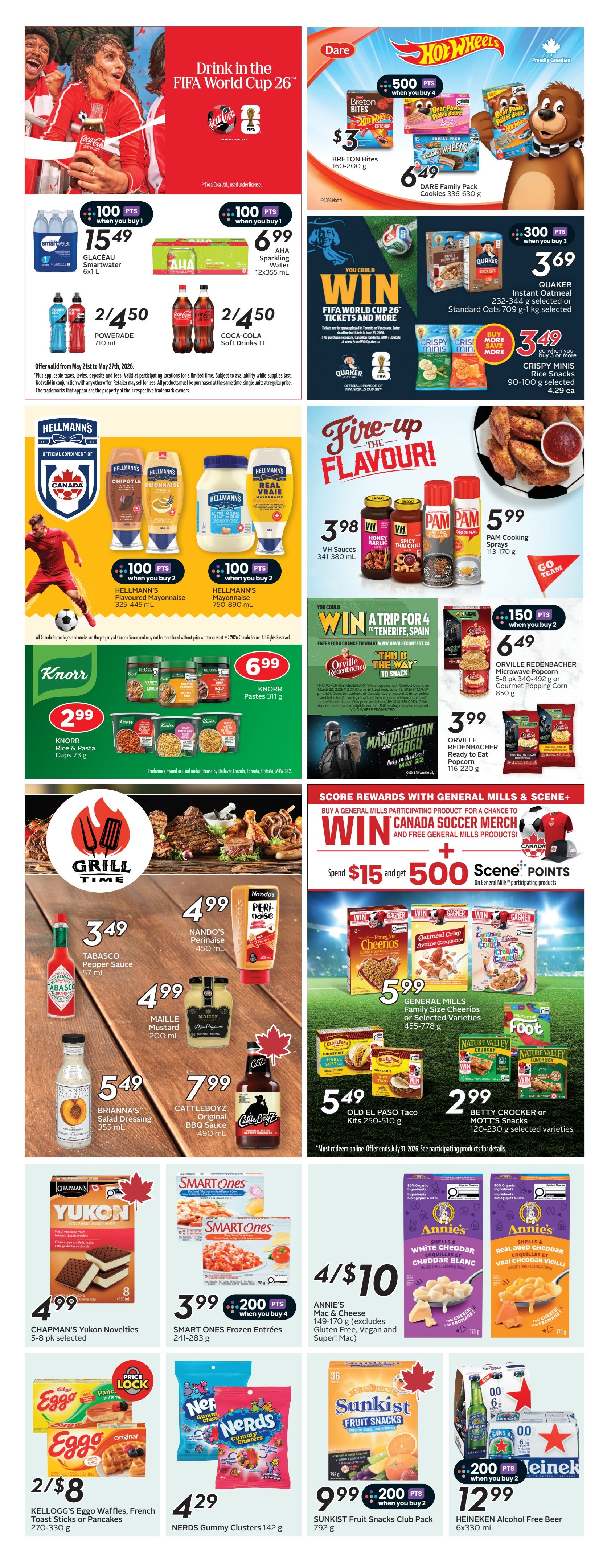 Sobeys weekly flyer specials page 20 features Coca-Cola and FIFA World Cup 26 promotions with 100 bonus points when you buy 1 Smartwater 6x1L or AHA Sparkling Water 12x355mL. Powerade 1L is 2/$4.50 and Coca-Cola Soft Drinks 1L are 2/$4.50. Dare Hot Wheels products include Breton Bites 160-200g for $3 and Family Pack Cookies 336-630g for $6.49. Hellmann's Mayonnaise products are featured with 100 bonus points when you buy 2, including Flavouroured Mayonnaise 325-445mL and regular Mayonnaise 750-890mL. Knorr offers Rice & Pasta Cups 73g for $2.99 and Pastes 311g for $6.99. VH Sauces 341-380mL are $3.98 and Pam Cooking Sprays 113-170g are $5.99. Orville Redenbacher Microwave Popcorn 5-8 pk or Gourmet Popping Corn 850g is $6.49 when you buy 2, plus 150 bonus points. Orville Redenbacher Ready to Eat Popcorn 116-220g is $3.99. General Mills products include Family Size Cheerios or selected varieties 455-778g for $5.99. Old El Paso Taco Kits 250-510g are $5.49. Betty Crocker or Mott's Snacks 120-230g selected varieties are $2.99. Annie's Mac & Cheese 149-170g (gluten-free, vegan, and Super Mac) are 4/$10. Chapman's Yukon Novelties 5-8 pk selected are $4.99. Smart Ones Frozen Entrees 241-283g are $3.99 with 200 bonus points when you buy 4. Nerds Gummy Clusters 142g are $4.29. Sunkist Fruit Snacks Club Pack 792g are $9.99 with 200 bonus points when you buy 2. Heinekken Alcohol Free Beer 6x330mL is $12.99 with 200 bonus points when you buy 2. Grill Time promotions include Tabasco Pepper Sauce 57mL for $3.49, Nando's Perinaise 450mL for $4.99, Maille Mustard 200mL for $4.99, Brianna's Salad Dressing 355mL for $5.49, and Cattleboyz Original BBQ Sauce 490mL for $7.99. There is also a promotion to win FIFA World Cup 26 tickets and General Mills merchandise by spending $15 and getting 500 Scene+ points on participating General Mills products.