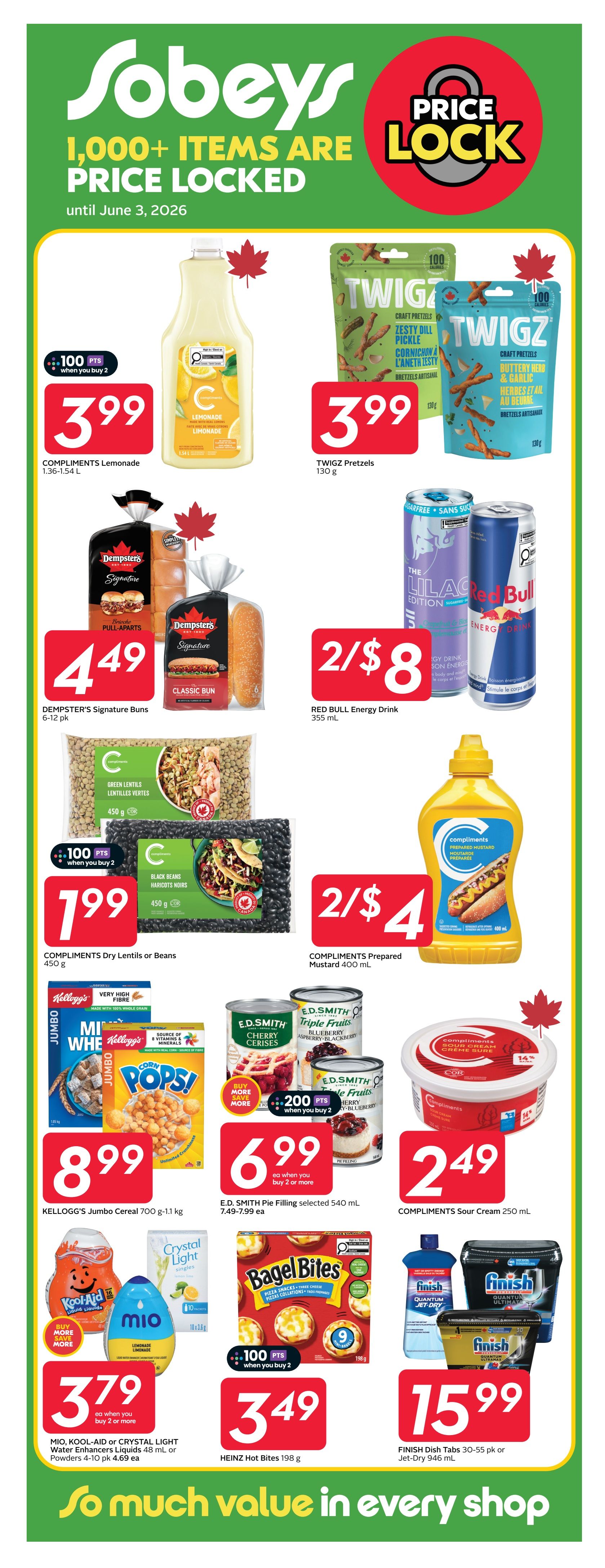 Sobeys flyer page 22 featuring 'Price Lock' deals until June 3, 2026. Offers include Compliments Lemonade 1.36-1.54 L for $3.99, Twigz Pretzels 130 g for $3.99, Dempster's Signature Buns 6-12 pk for $4.49, and Red Bull Energy Drink 355 mL 2 for $8. Also featured are Compliments Dry Lentils or Beans 450 g for $1.99 when you buy 2, and Compliments Prepared Mustard 400 mL 2 for $4. Cereal deals include Kellogg's Jumbo Cereal 700 g-1.1 kg for $8.99. E.D. Smith Pie Filling selected 540 mL is $6.99 when you buy 2, and Compliments Sour Cream 250 mL is $2.49. Mio, Kool-Aid, or Crystal Light Water Enhancers 48 mL or Powders 4-10 pk are $3.79 when you buy 2 or more. Heinz Hot Bites 198 g are $3.49. Finish Dish Tabs 30-55 pk or Jet-Dry 946 mL are $15.99.