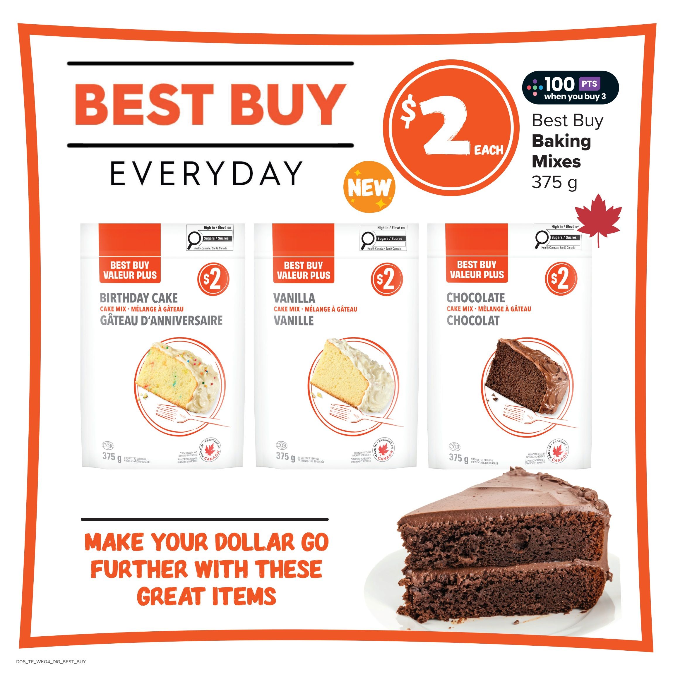 Thrifty Foods flyer page featuring Best Buy Everyday specials. Get 100 bonus points when you buy 3 Best Buy Baking Mixes, 375 g, for $2 each. Available flavours include Birthday Cake, Vanilla, and Chocolate. The page also highlights a large image of a chocolate cake and the slogan 'Make your dollar go further with these great items'.