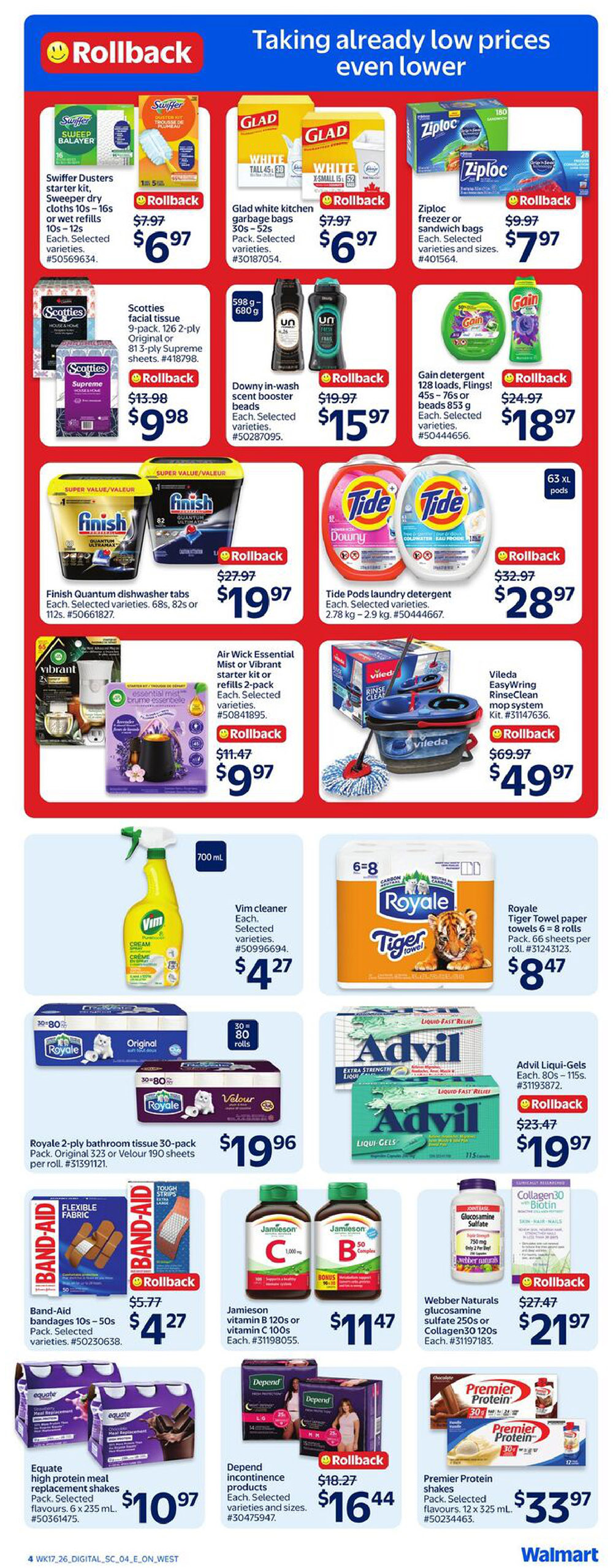 Walmart Canada weekly flyer specials page 7 features a variety of household and health products. Top row includes Swiffer Dusters starter kit for $6.97, Glad white kitchen garbage bags for $6.97, and Ziploc freezer or sandwich bags for $7.97. Second row offers Scotties facial tissue 9-pack for $9.98, Downy in-wash scent booster beads for $15.97, and Gain detergent 128 loads or flings for $18.97. The third row showcases Finish Quantum dishwasher tabs for $19.97, Tide Pods laundry detergent for $28.97, and Vileda EasyWring RinseClean mop system kit for $49.97. The fourth row highlights Air Wick Essential Mist or Vibrant starter kit or refills for $9.97, Vim cleaner for $4.27, and Royale Tiger Towel paper towels 6 x 8 rolls for $8.47. The bottom row features Band-Aid bandages 10s - 50s for $4.27, Jamieson vitamin B 120s or vitamin C 100s for $11.47, Webber Naturals glucosamine sulfate 250s or Collagen30 120s for $21.97, Royale 2-ply bathroom tissue 30-pack for $19.96, Advil Liqui-Gels 80s - 115s for $19.97, Depend incontinence products for $16.44, and Premier Protein shakes 12 x 325 mL for $33.97.