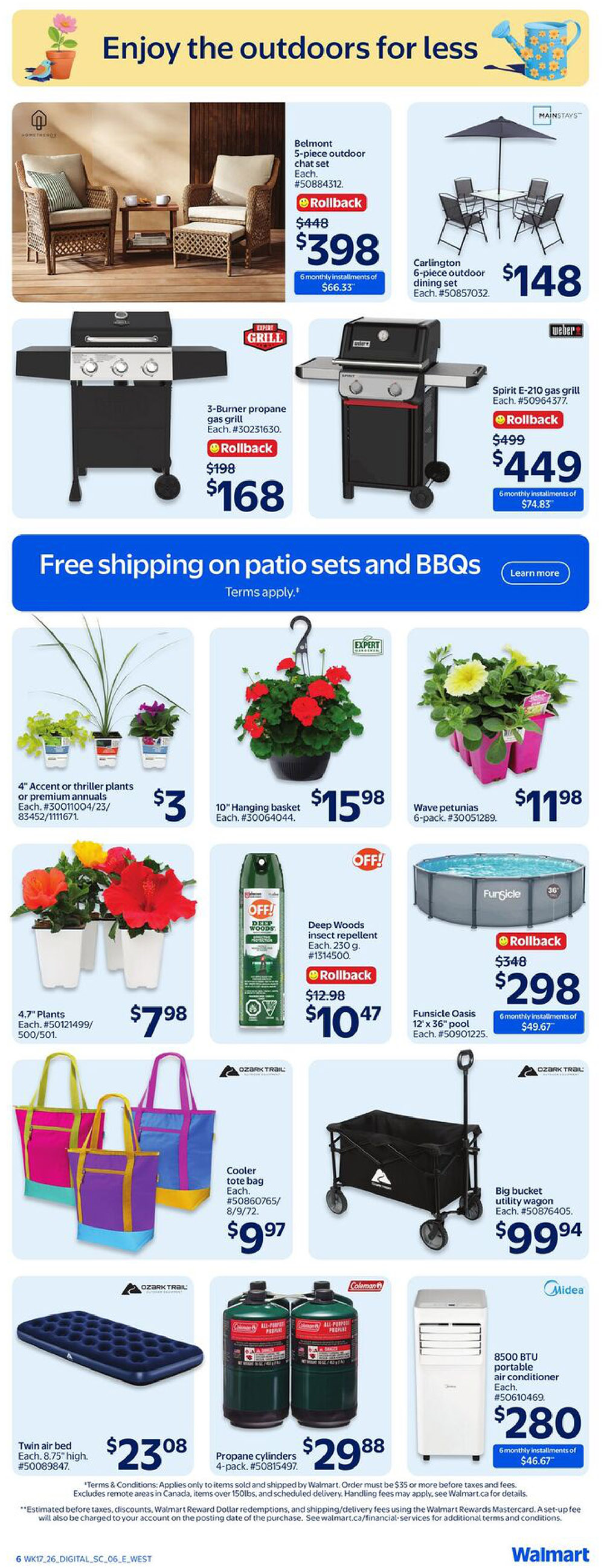 Walmart Canada flyer page 9 features outdoor living and BBQ essentials. Deals include the Belmont 5-piece outdoor chat set for $398 (rollback from $448), the Carlington 6-piece outdoor dining set for $148, a 3-burner propane gas grill for $168 (rollback from $198), and a Spirit E-210 gas grill for $449 (rollback from $499). Enjoy free shipping on patio sets and BBQs. Also featured are 4' accent or thriller plants for $3, a 10' hanging basket for $15.98, Wave petunias 6-pack for $11.98, 4.7' plants for $7.98, Deep Woods insect repellent for $10.47 (rollback from $12.98), and a Funsicle Oasis 12' x 36' pool for $298 (rollback from $348). Additional items include a cooler tote bag for $9.97, a big bucket utility wagon for $99.94, a twin air bed for $23.08, Coleman propane cylinders 4-pack for $29.88, and a Midea 8500 BTU portable air conditioner for $280.