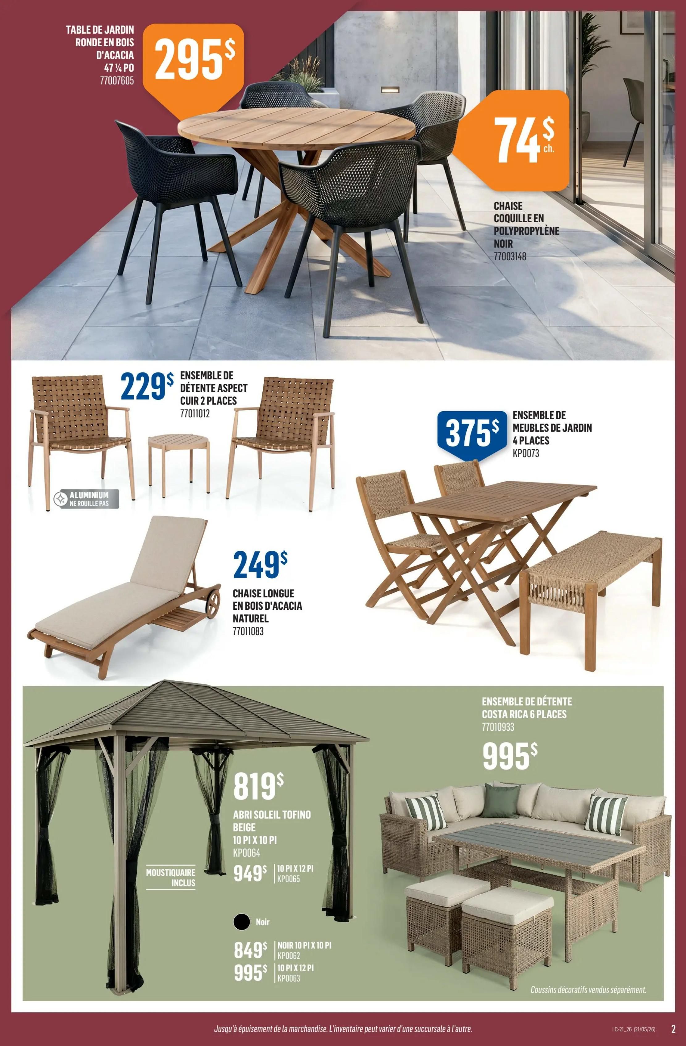 Canac weekly flyer specials page 2 features outdoor furniture. A round acacia wood garden table is priced at $295. Black polypropylene shell chairs are $74 each. The Aspect 2-seater patio set, made of aluminum that won't rust, is $229. A natural acacia wood lounge chair is $249. A 4-place garden furniture set is $375. The Tofino sun shelter, 10 ft x 10 ft, is $819, with mosquito netting included. A 10 ft x 12 ft Tofino sun shelter is $949. The black Tofino sun shelter, 10 ft x 10 ft, is $849, and the 10 ft x 12 ft size is $995. The Costa Rica 6-piece patio set is $995. Decorative cushions sold separately. While supplies last. Inventory may vary by store.