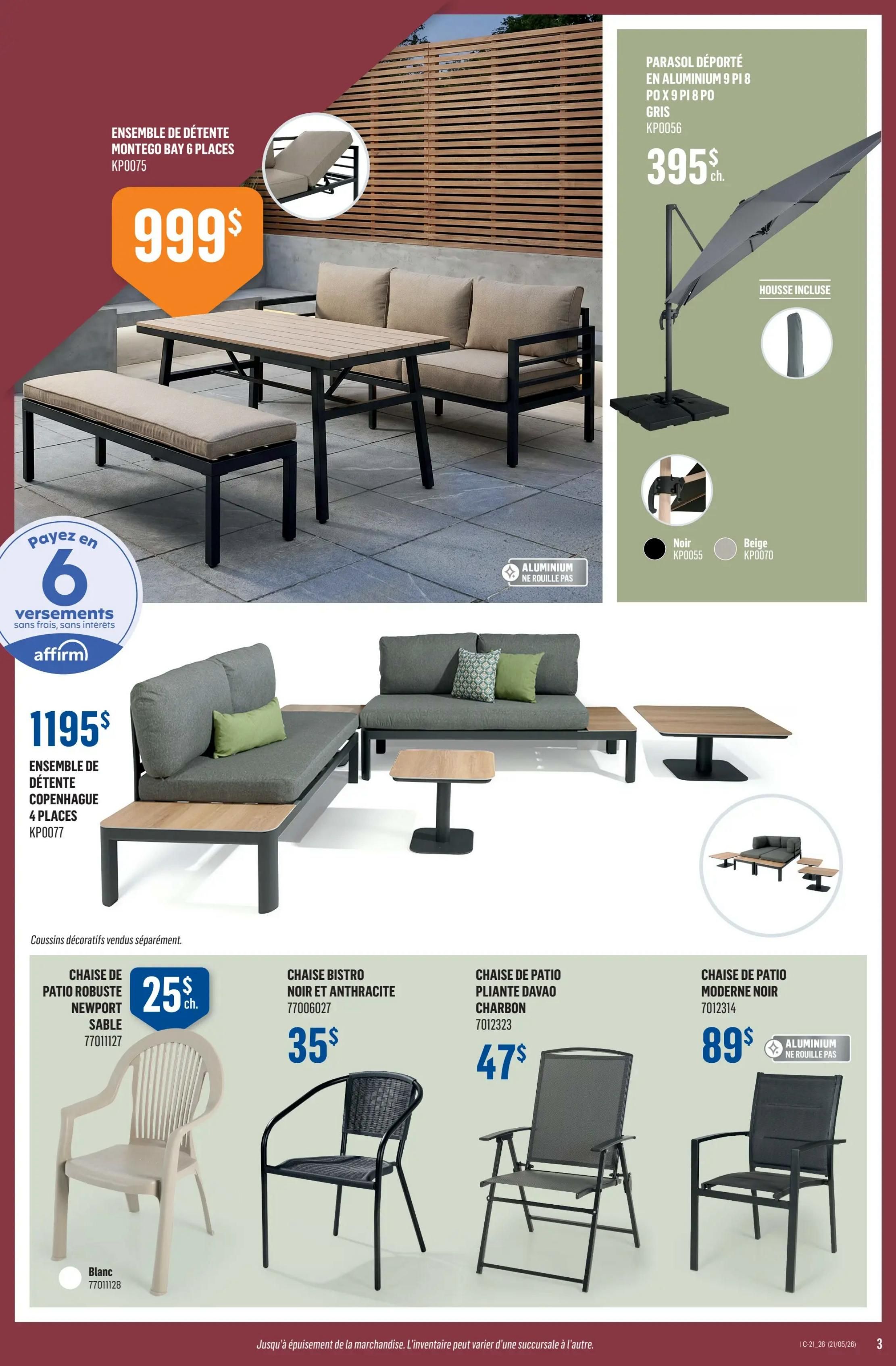 Canac Weekly Flyer Specials, Page 3. Features the Montego Bay 6-piece lounge set for $999, with financing options available. Also shown is the Copenhagen 4-piece lounge set for $1195. A grey cantilever patio umbrella with cover is priced at $395. Additional outdoor seating includes the Newport robust patio chair in white for $25, the Bistro chair in black and anthracite for $35, the Davao folding patio chair in charcoal for $47, and the Modern patio chair in black for $89, which is made of rust-proof aluminum. Decorative cushions sold separately. Offer valid from May 21 to May 27, 2026.